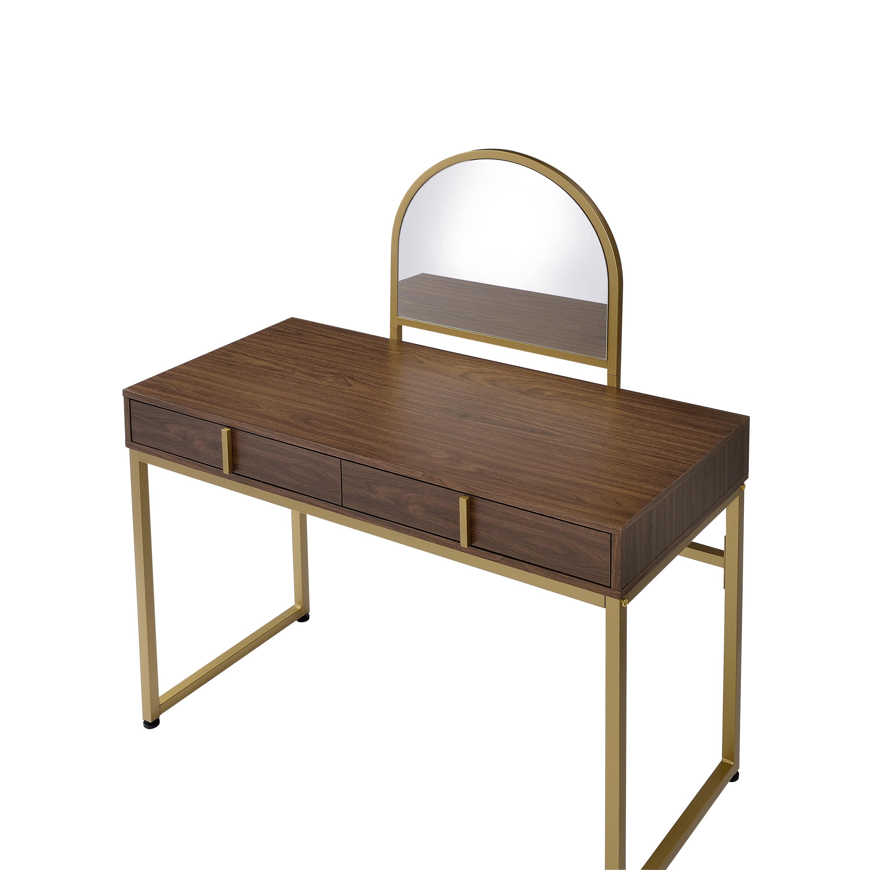 Shop ACME Coleen Vanity Desk w/Mirror & Jewelry Tray in Walnut & Gold Finish AC00670 Mademoiselle Home Decor
