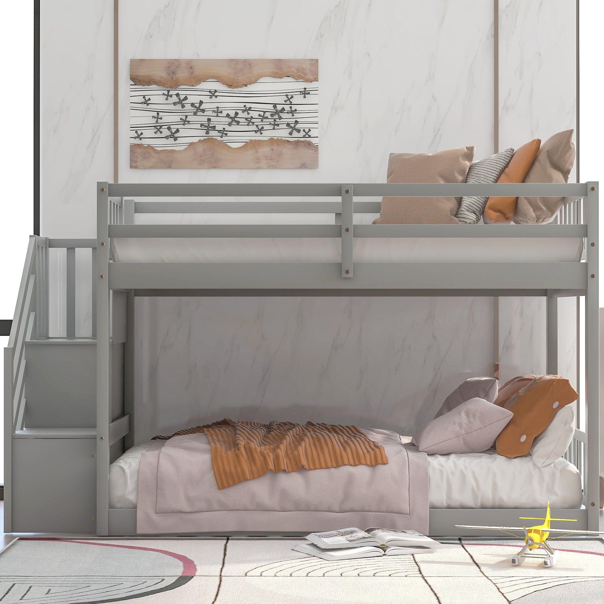 Shop Twin over Twin Floor Bunk Bed, Ladder with Storage, Gray Mademoiselle Home Decor