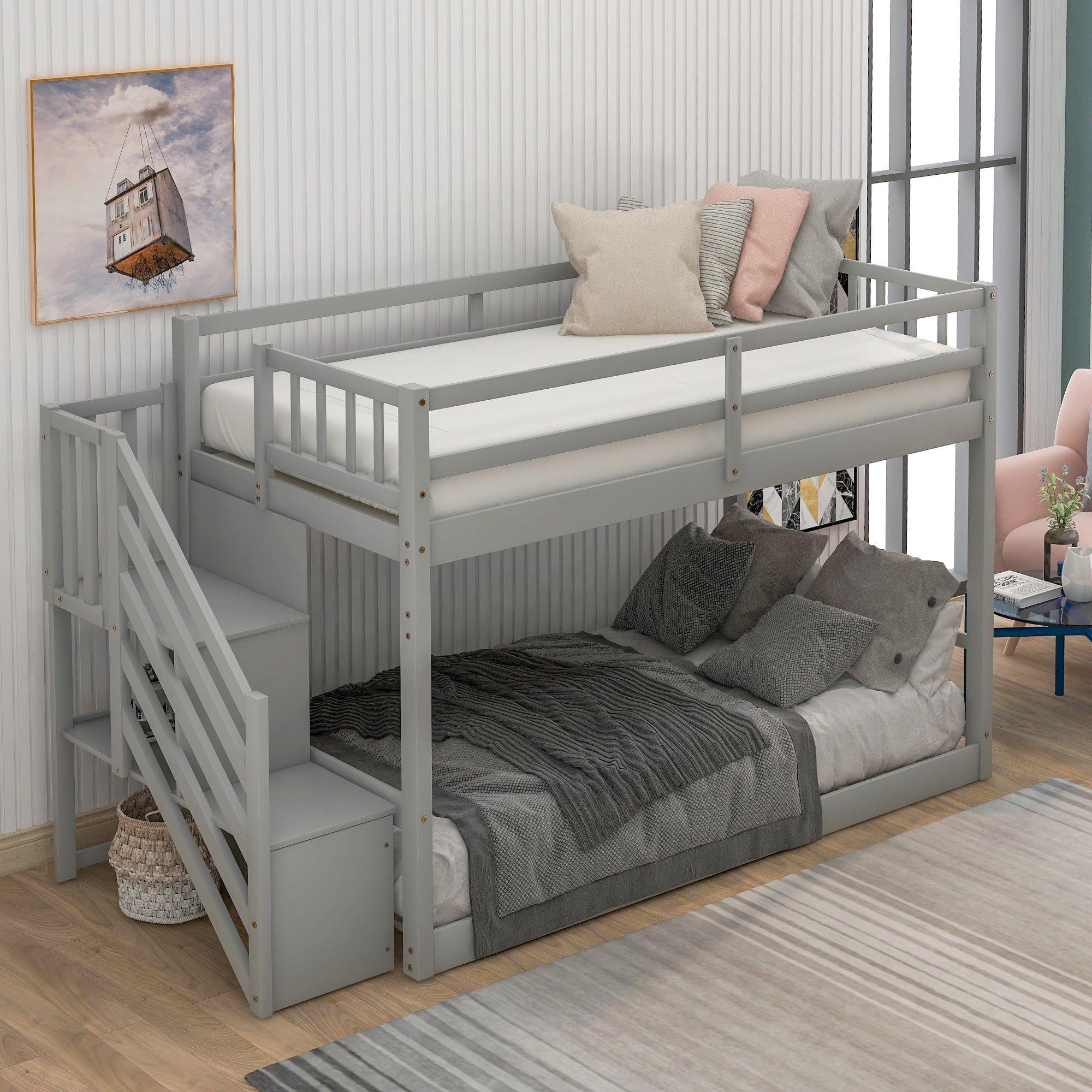 Shop Twin over Twin Floor Bunk Bed, Ladder with Storage, Gray Mademoiselle Home Decor