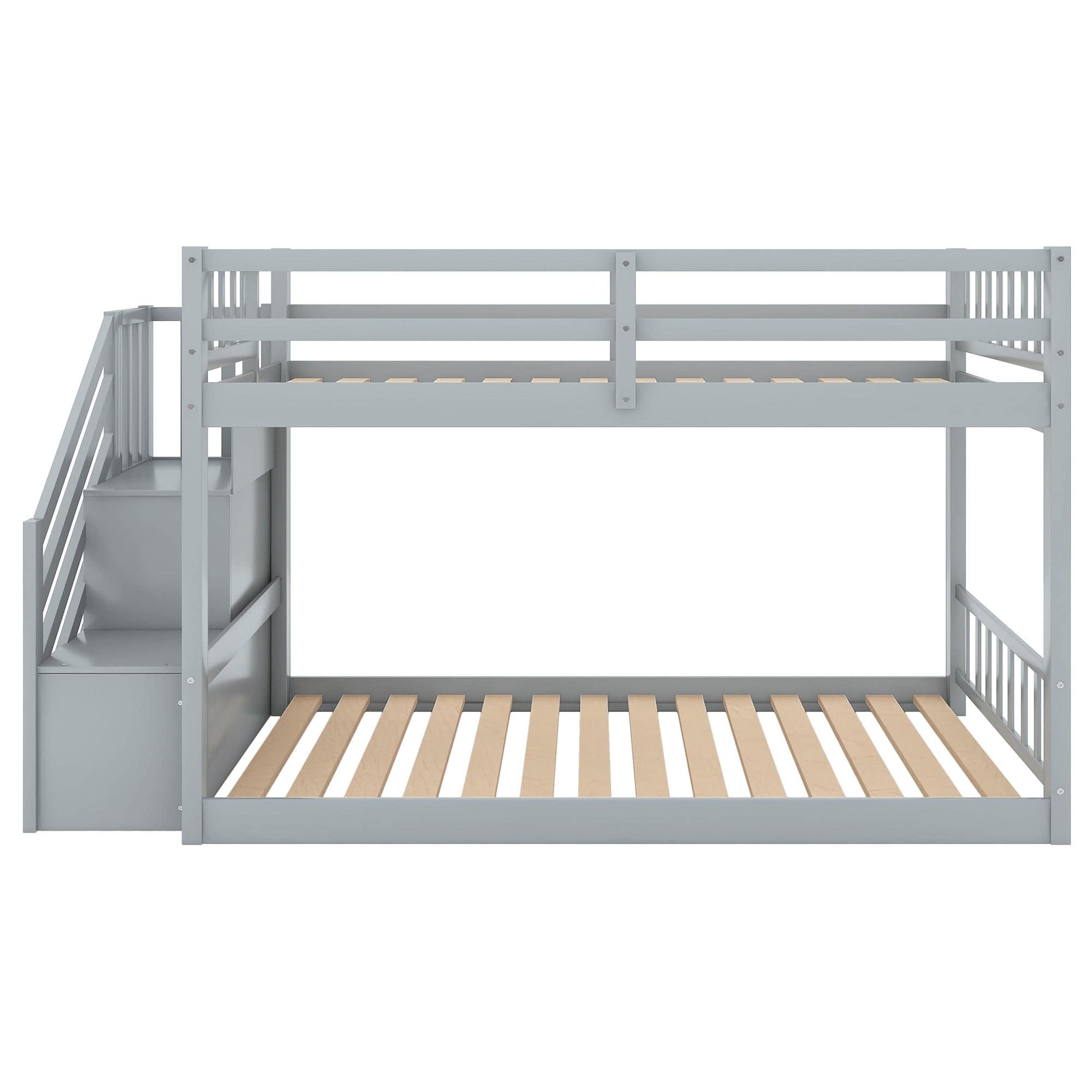 Shop Twin over Twin Floor Bunk Bed, Ladder with Storage, Gray Mademoiselle Home Decor