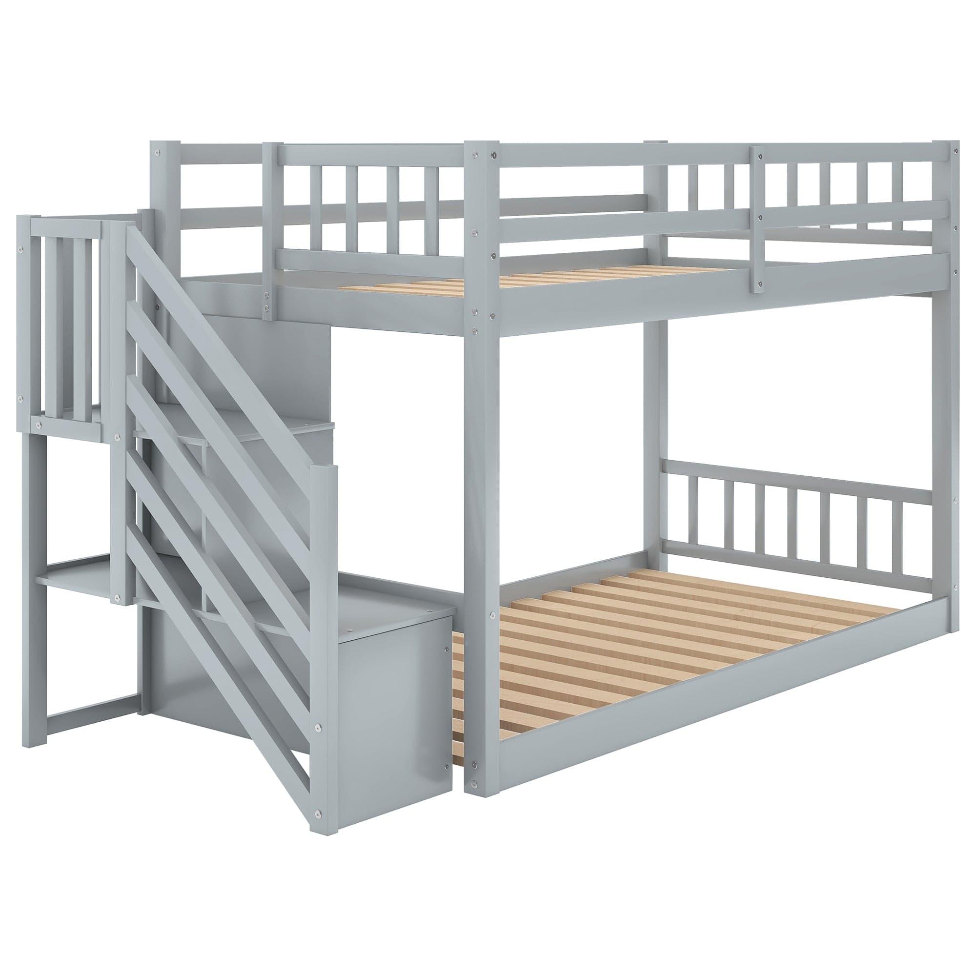 Shop Twin over Twin Floor Bunk Bed, Ladder with Storage, Gray Mademoiselle Home Decor