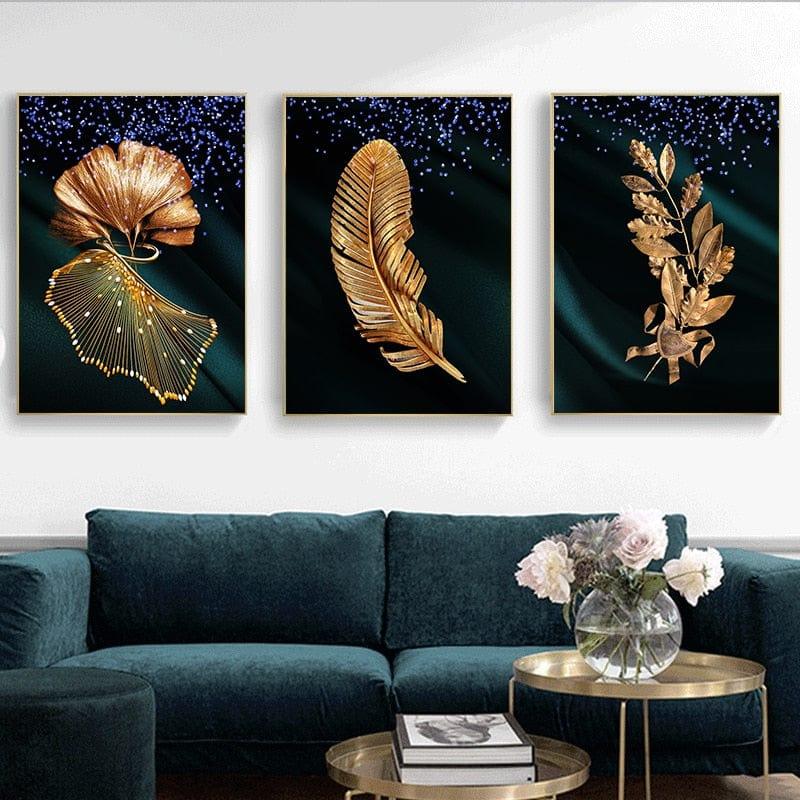 Shop 0 Nordic Golden Luxury Canvas Painting Gold Leaf Plant Picture Home Decor Wall Art Green Posters and Prints for Living Room Design Mademoiselle Home Decor