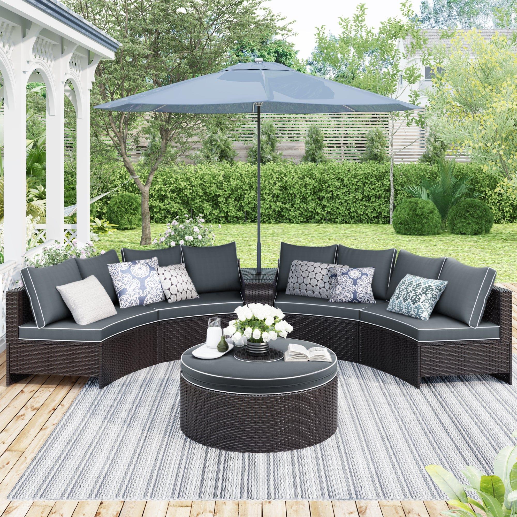 Shop TOPMAX 6 Pieces Outdoor Sectional Half Round Patio Rattan Sofa Set, PE Wicker Conversation Furniture Set w/ One Storage Side Table for Umbrella and One Multifunctional Round Table, Brown+ Gray Mademoiselle Home Decor
