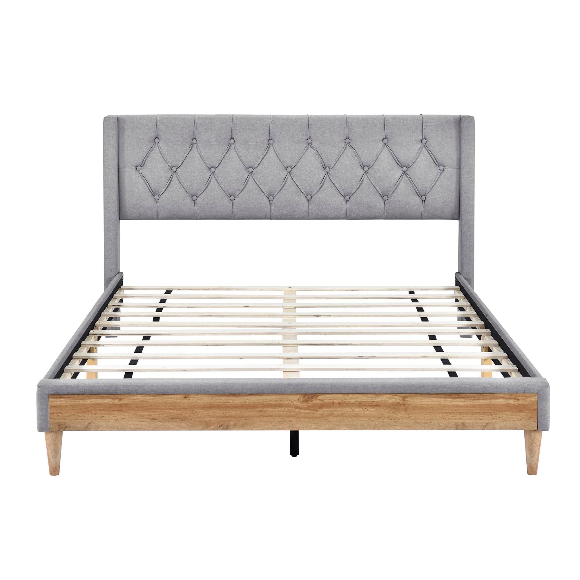 Shop Upholstered Platform Bed with Rubber Wood Legs,No Box Spring Needed, Linen Fabric,Queen Size-Gray Mademoiselle Home Decor