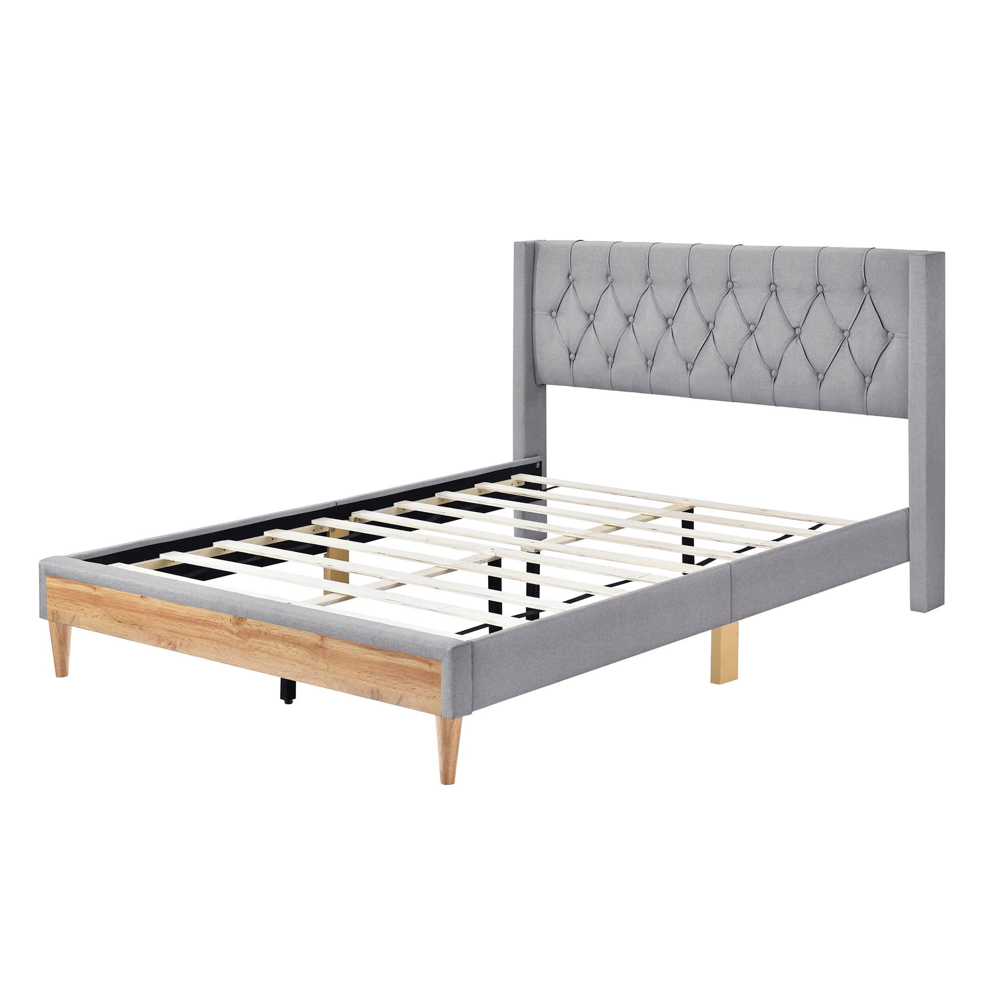 Shop Upholstered Platform Bed with Rubber Wood Legs,No Box Spring Needed, Linen Fabric,Queen Size-Gray Mademoiselle Home Decor