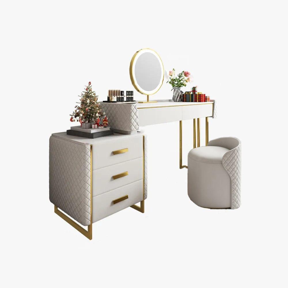 Shop Luxury Makeup Vanity Set with LED Lighted Mirror, Side Cabinet and 5 Drawers, Modern Sintered Stone Dressing Table with Stool, 39.5", White Mademoiselle Home Decor