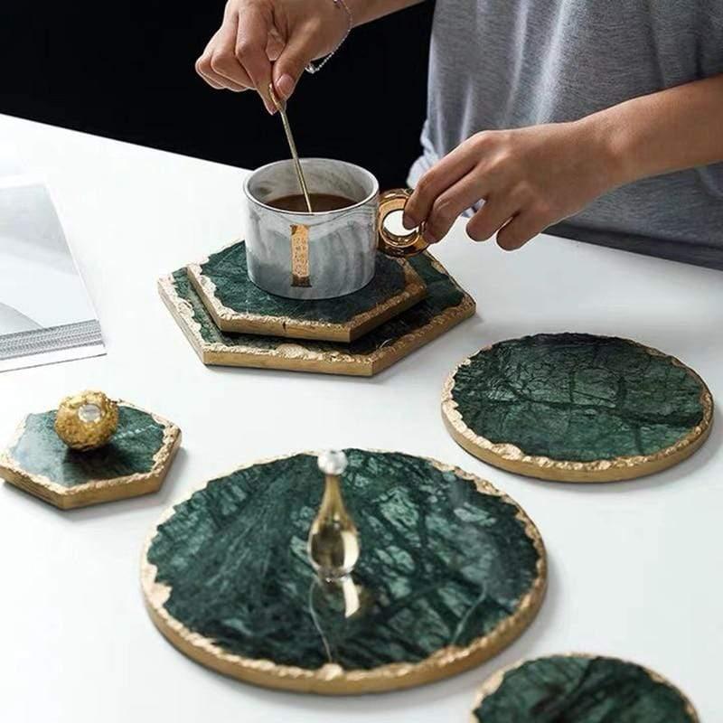 Shop 0 Luxury Non-slip Emerald Real Marble coaster mug place mat Green Stone with Gold Inlay Heat Resistant Trivet Table Decoration Mademoiselle Home Decor