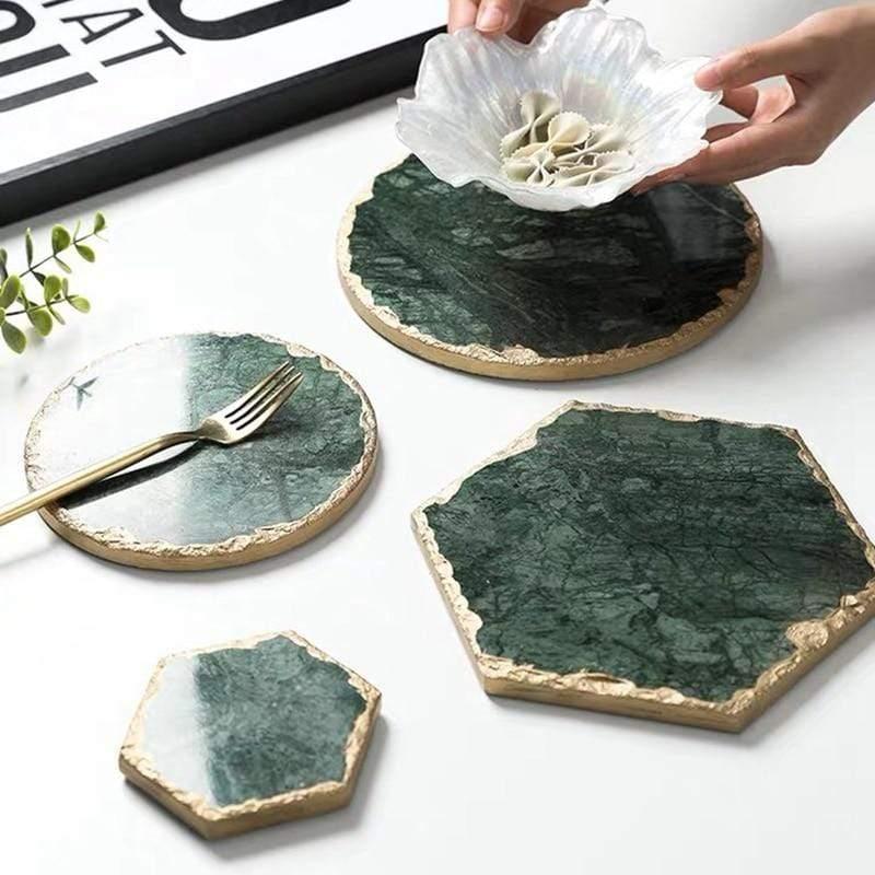 Shop 0 Luxury Non-slip Emerald Real Marble coaster mug place mat Green Stone with Gold Inlay Heat Resistant Trivet Table Decoration Mademoiselle Home Decor