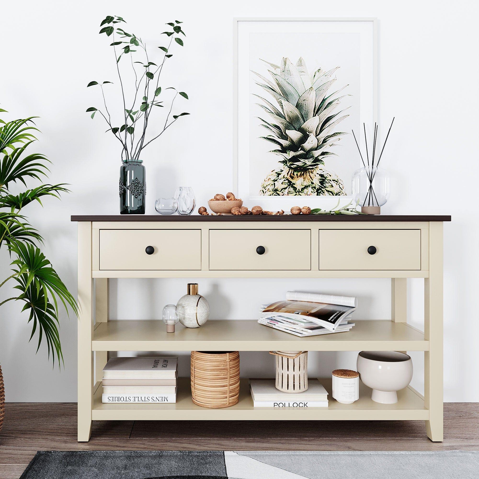 Shop TREXM Retro Design Console Table with Two Open Shelves, Pine Solid Wood Frame and Legs for Living Room (Espresso+Beige) Mademoiselle Home Decor