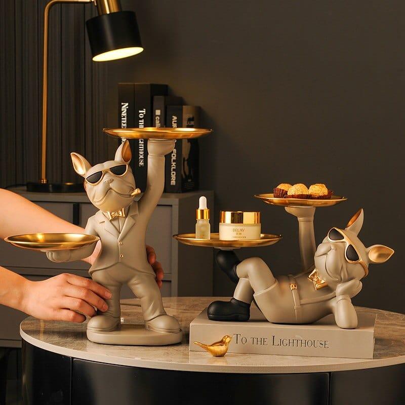 Shop 0 French Bulldog Butler Statue with Double Trays for Keys holder Cool Dog with Glasses Animal Resin Sculpture Table Decoration Mademoiselle Home Decor