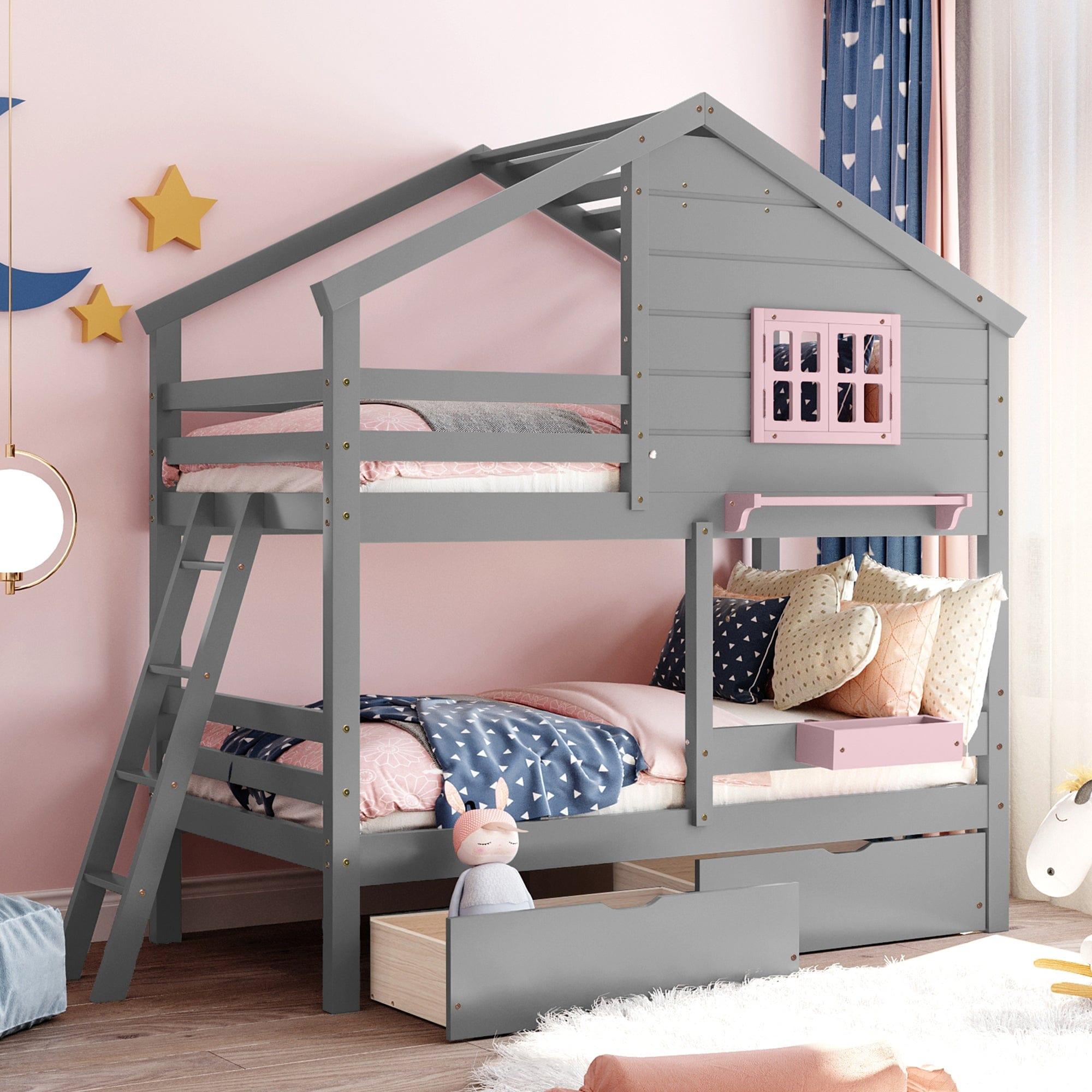 Shop Twin over Twin Bunk Bed with 2 Drawers, 1 Storage Box, 1 Shelf, Window and Roof-Gray(OLD SKU:LT000608AAE) Mademoiselle Home Decor