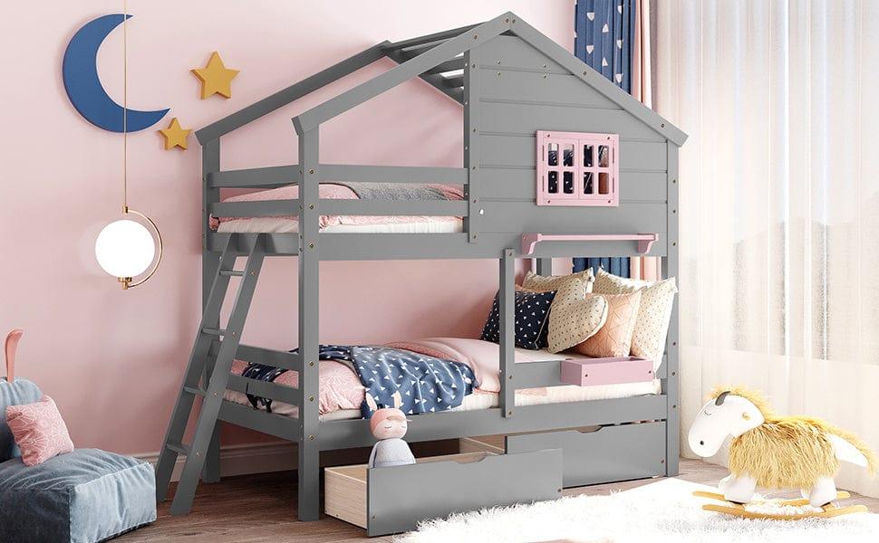 Shop Twin over Twin Bunk Bed with 2 Drawers, 1 Storage Box, 1 Shelf, Window and Roof-Gray(OLD SKU:LT000608AAE) Mademoiselle Home Decor
