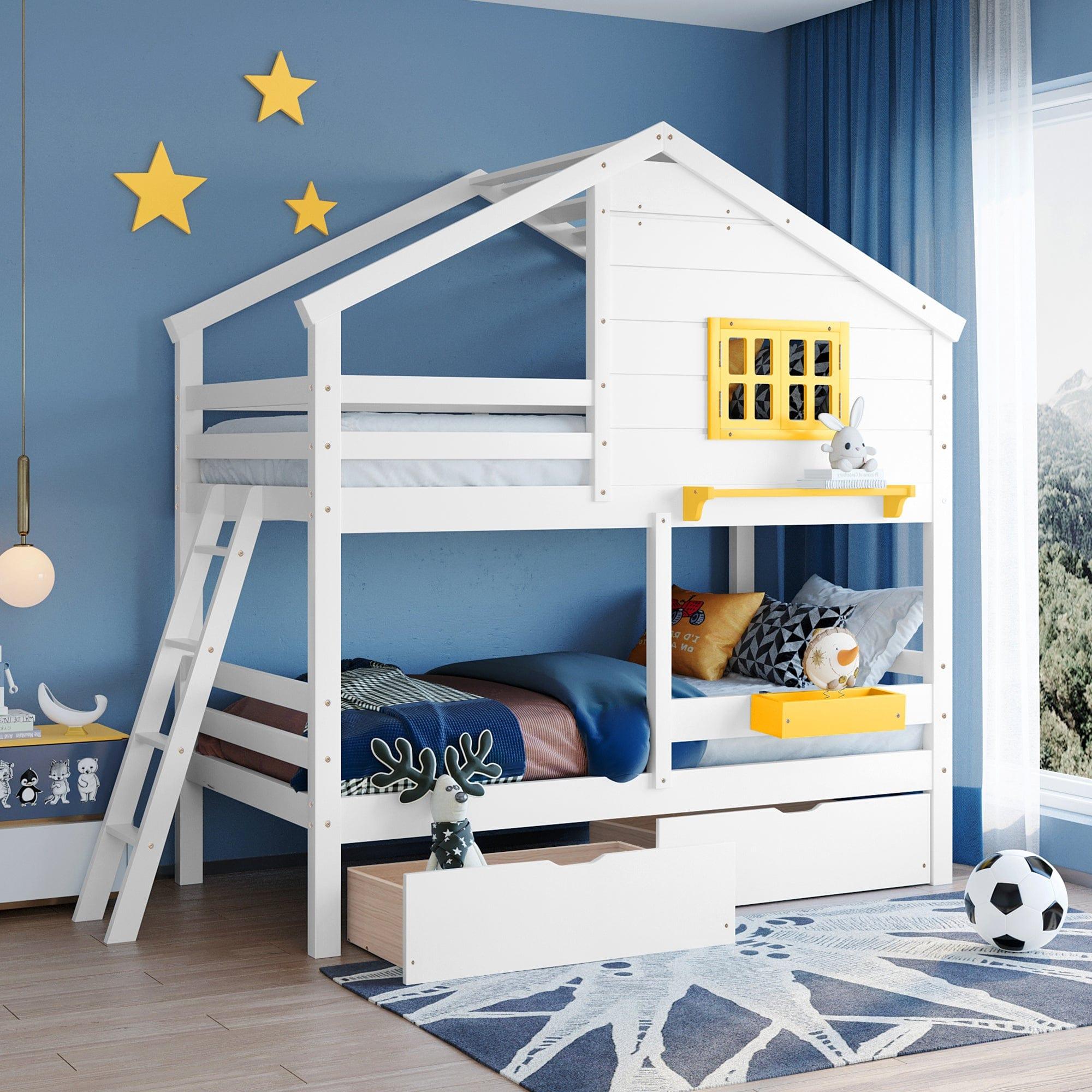 Shop Twin over Twin Bunk Bed with 2 Drawers, 1 Storage Box, 1 Shelf, Window and Roof-White(OLD SKU:LT000608AAK) Mademoiselle Home Decor