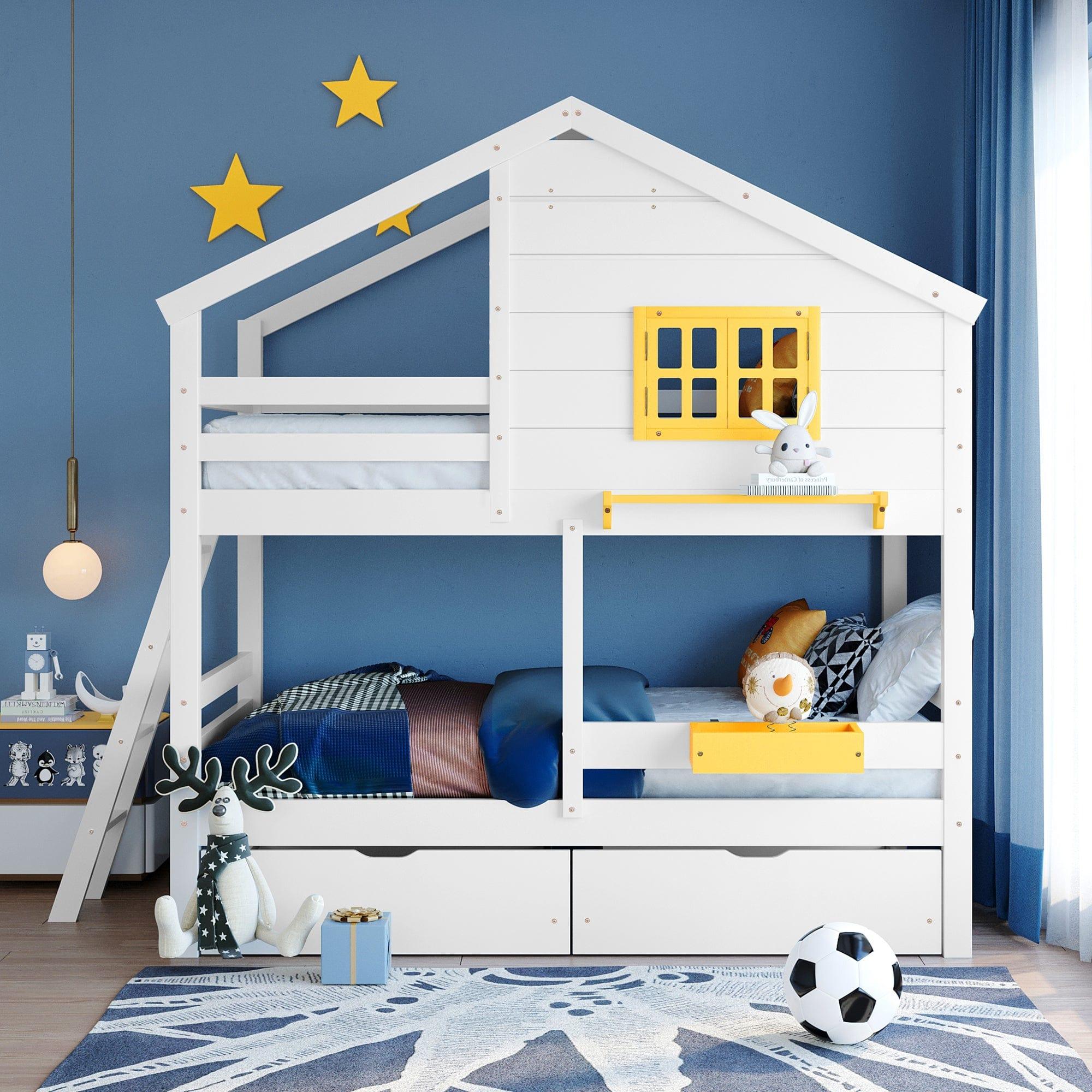 Shop Twin over Twin Bunk Bed with 2 Drawers, 1 Storage Box, 1 Shelf, Window and Roof-White(OLD SKU:LT000608AAK) Mademoiselle Home Decor