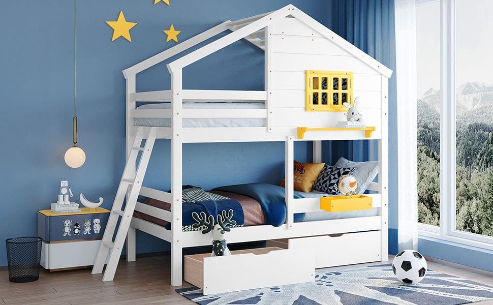 Shop Twin over Twin Bunk Bed with 2 Drawers, 1 Storage Box, 1 Shelf, Window and Roof-White(OLD SKU:LT000608AAK) Mademoiselle Home Decor