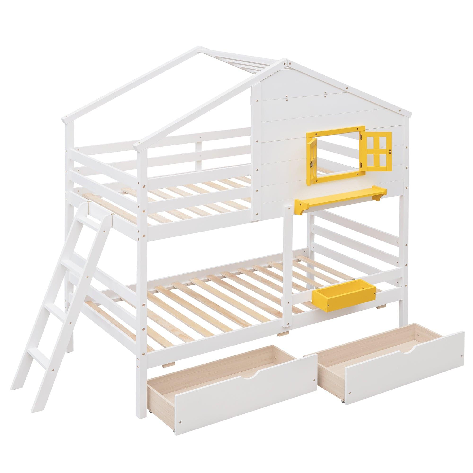 Shop Twin over Twin Bunk Bed with 2 Drawers, 1 Storage Box, 1 Shelf, Window and Roof-White(OLD SKU:LT000608AAK) Mademoiselle Home Decor