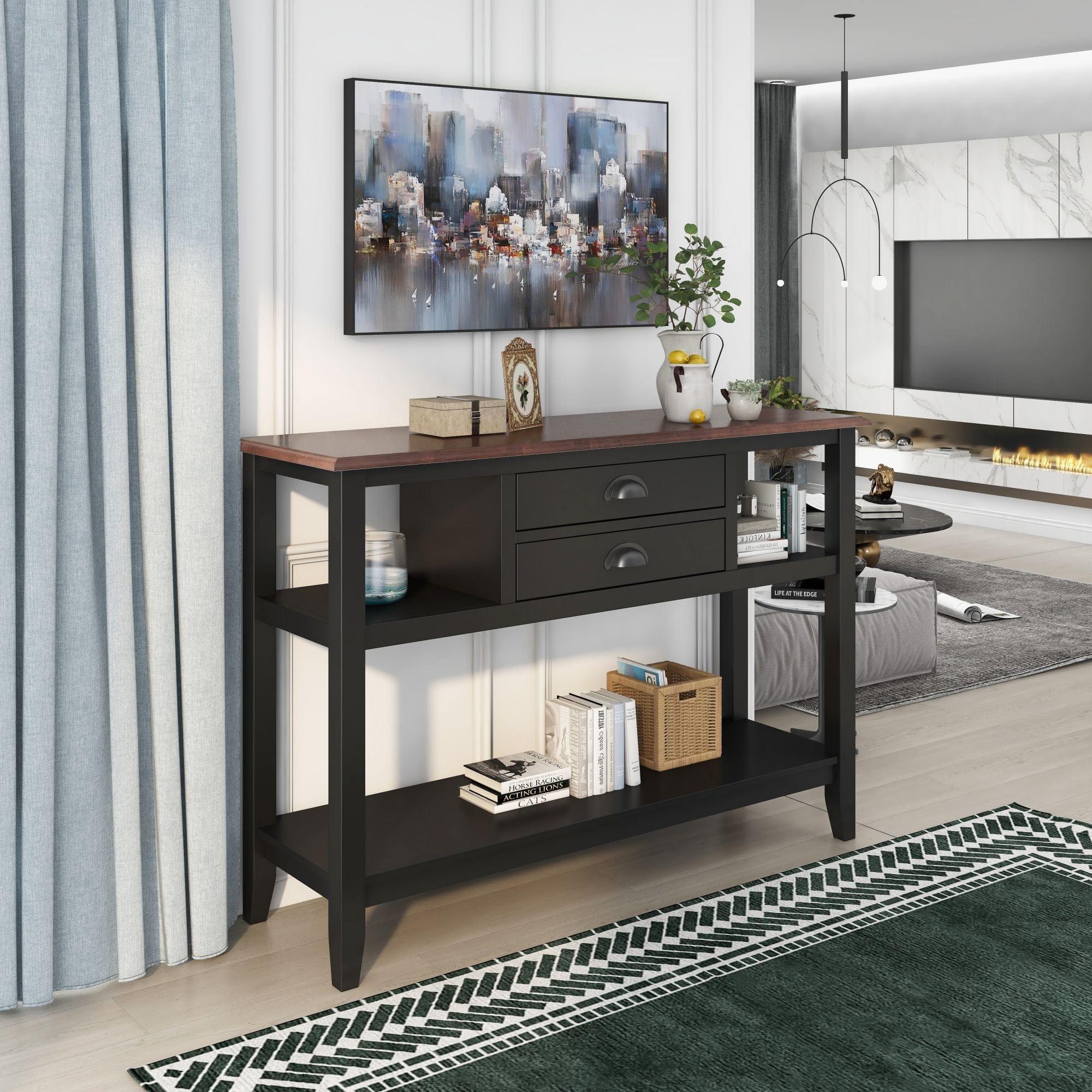 Shop TREXM Color-matched Console Table with 2 Drawers and Open Shelves for Living Room, Entryway (Black+Walnut) Mademoiselle Home Decor