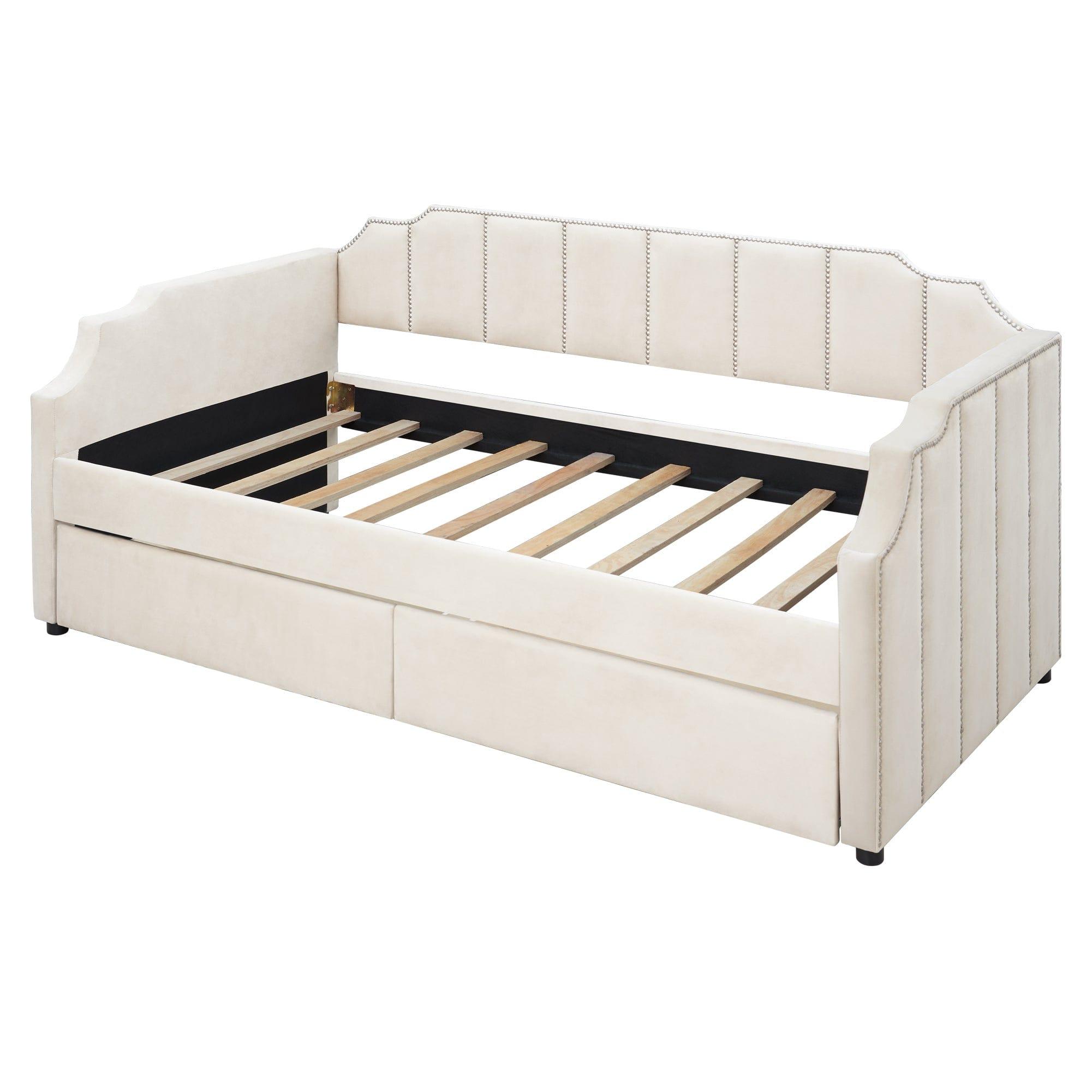 Shop Twin Size Upholstered daybed with Drawers, Wood Slat Support, Beige Mademoiselle Home Decor