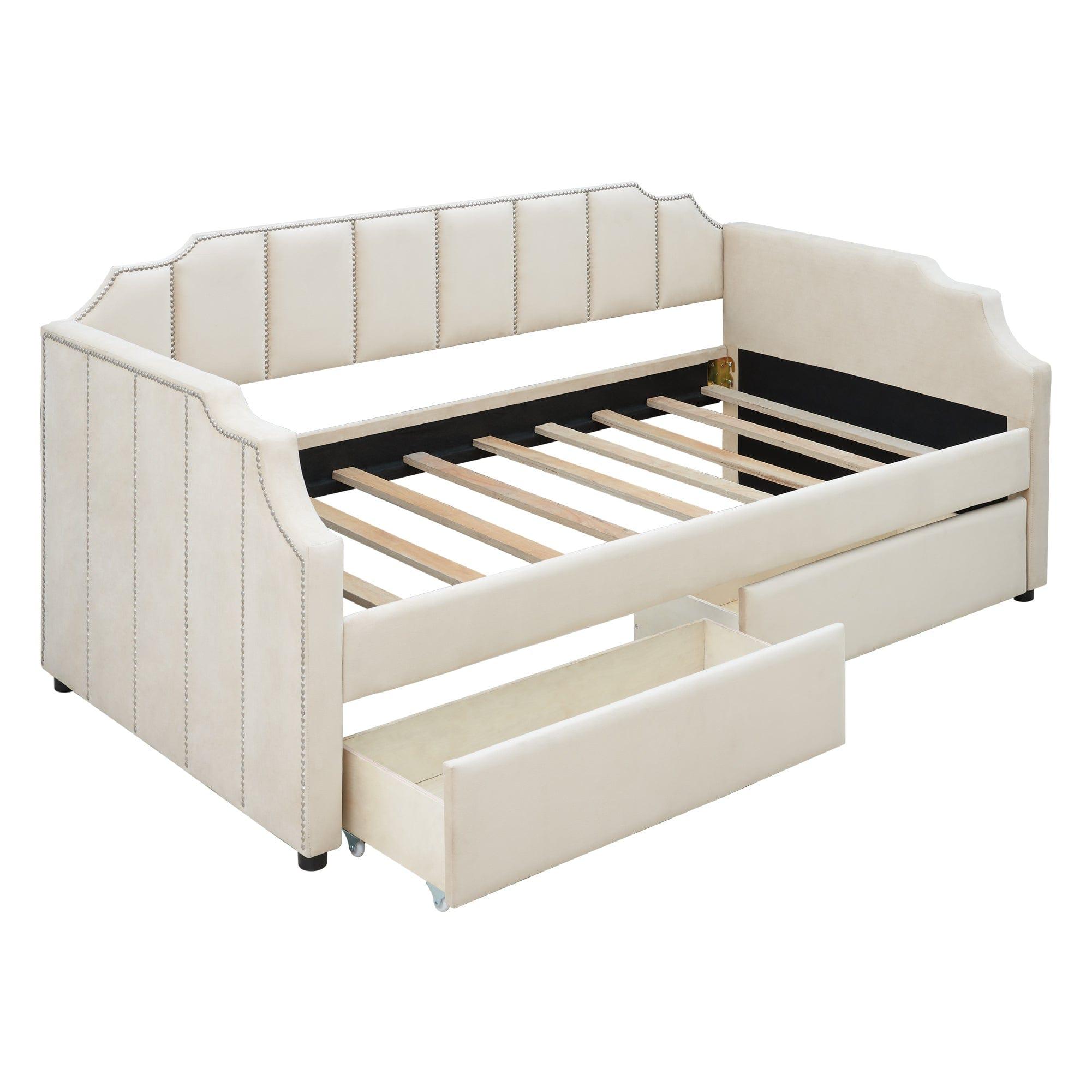 Shop Twin Size Upholstered daybed with Drawers, Wood Slat Support, Beige Mademoiselle Home Decor