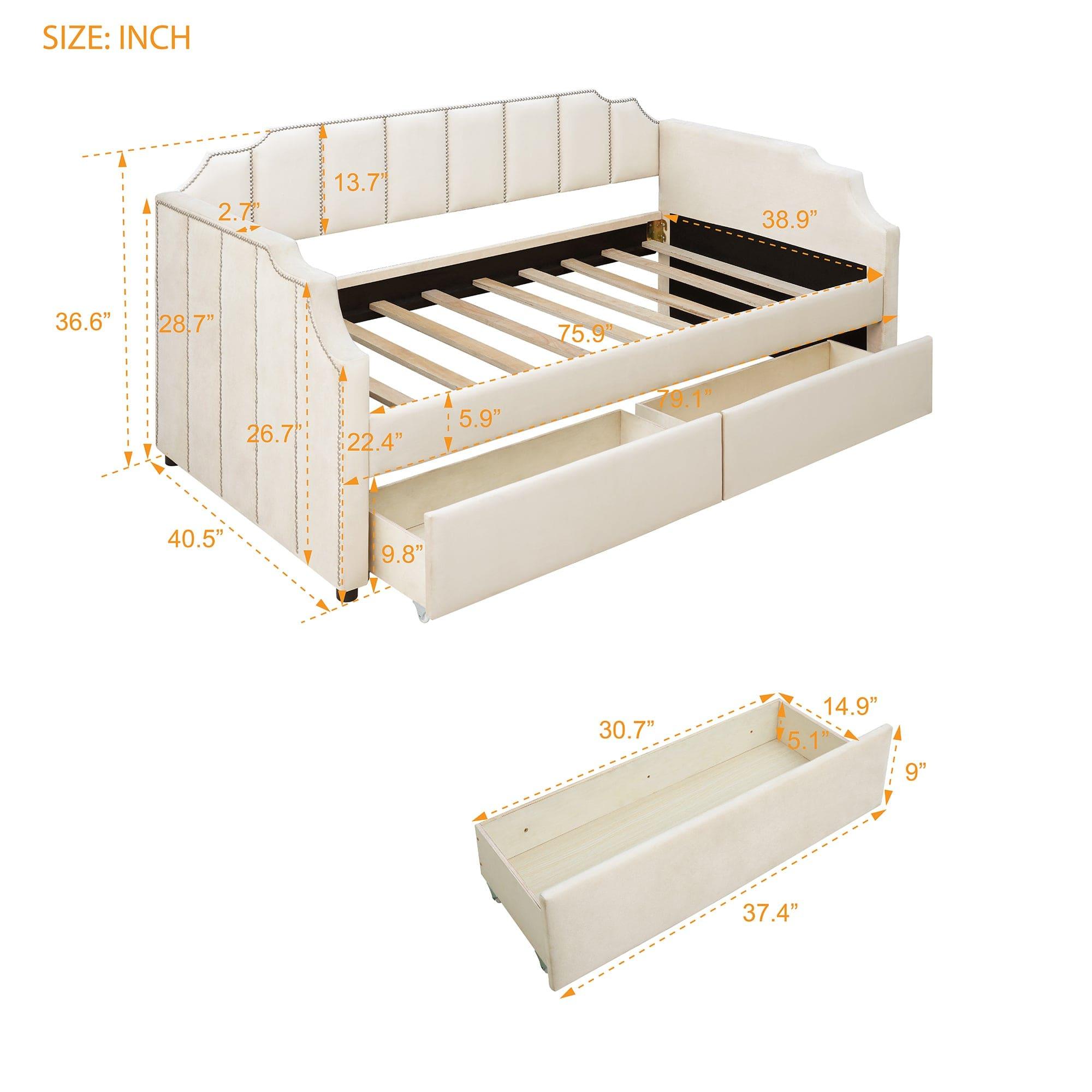 Shop Twin Size Upholstered daybed with Drawers, Wood Slat Support, Beige Mademoiselle Home Decor