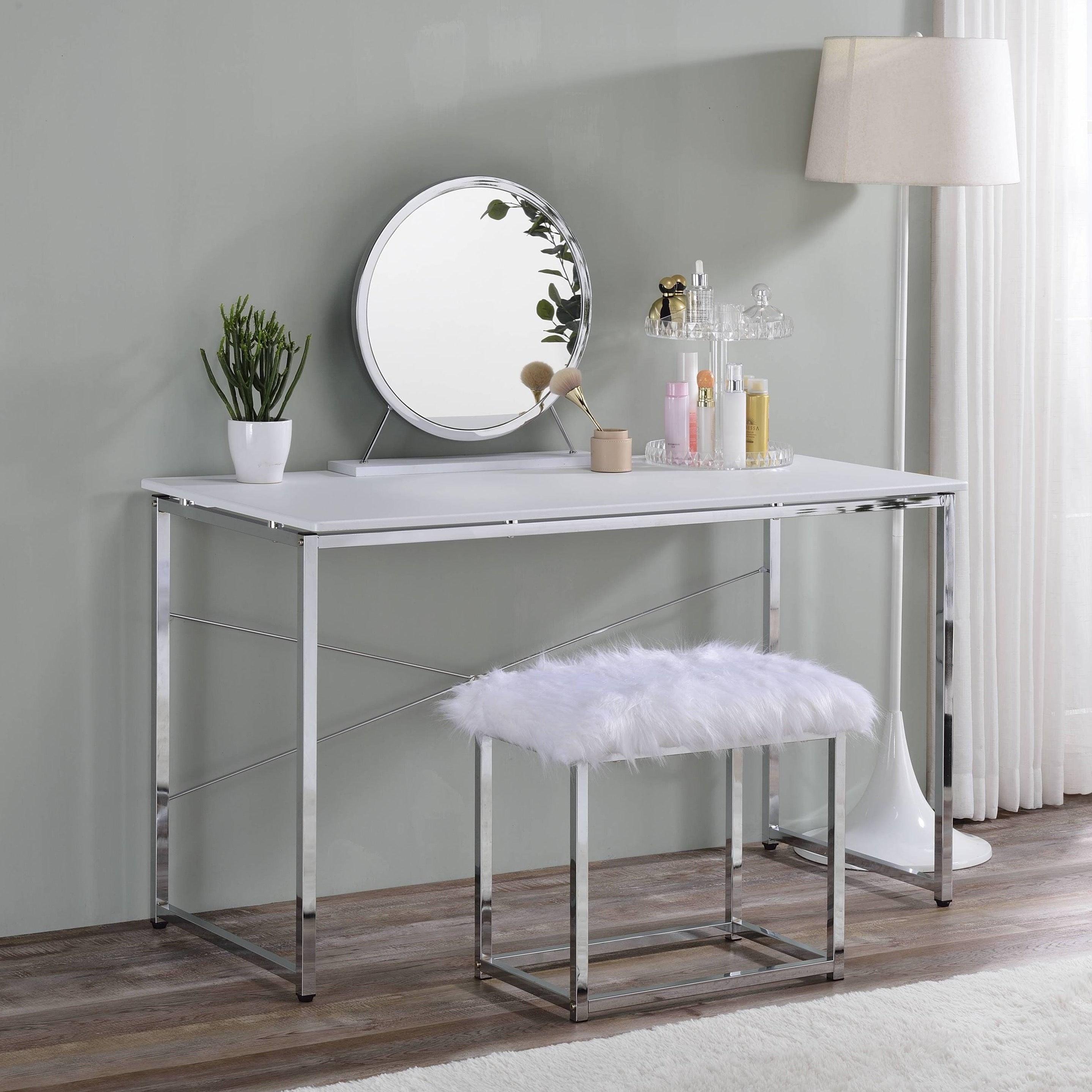 Shop ACME Tennos Vanity Desk in White & Chrome Finish AC00903 Mademoiselle Home Decor