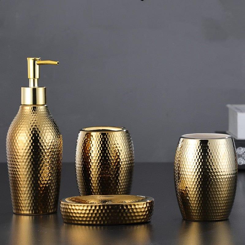 Shop 0 4 pcs/ lot Nordic golden ceramic wash set Bathroom Accessories Soap Dispenser Toothbrush Holder Bathroom Supplies WF Mademoiselle Home Decor