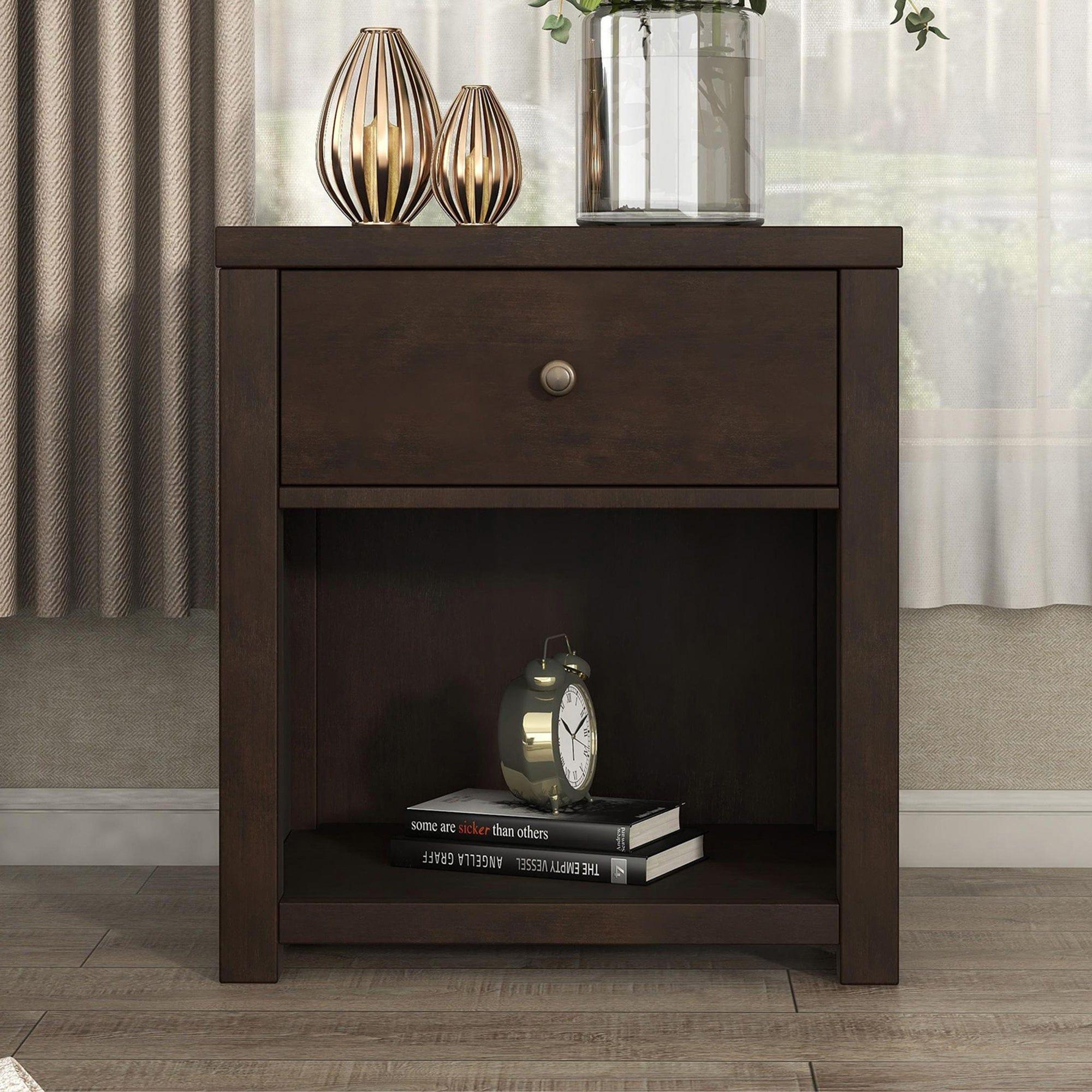 Shop Vintage Aesthetic 1 Drawer Solid Wood Nightstand Sofa End Table in Rich Brown (Nightstand of Freely Configurable Bedroom Sets) Mademoiselle Home Decor