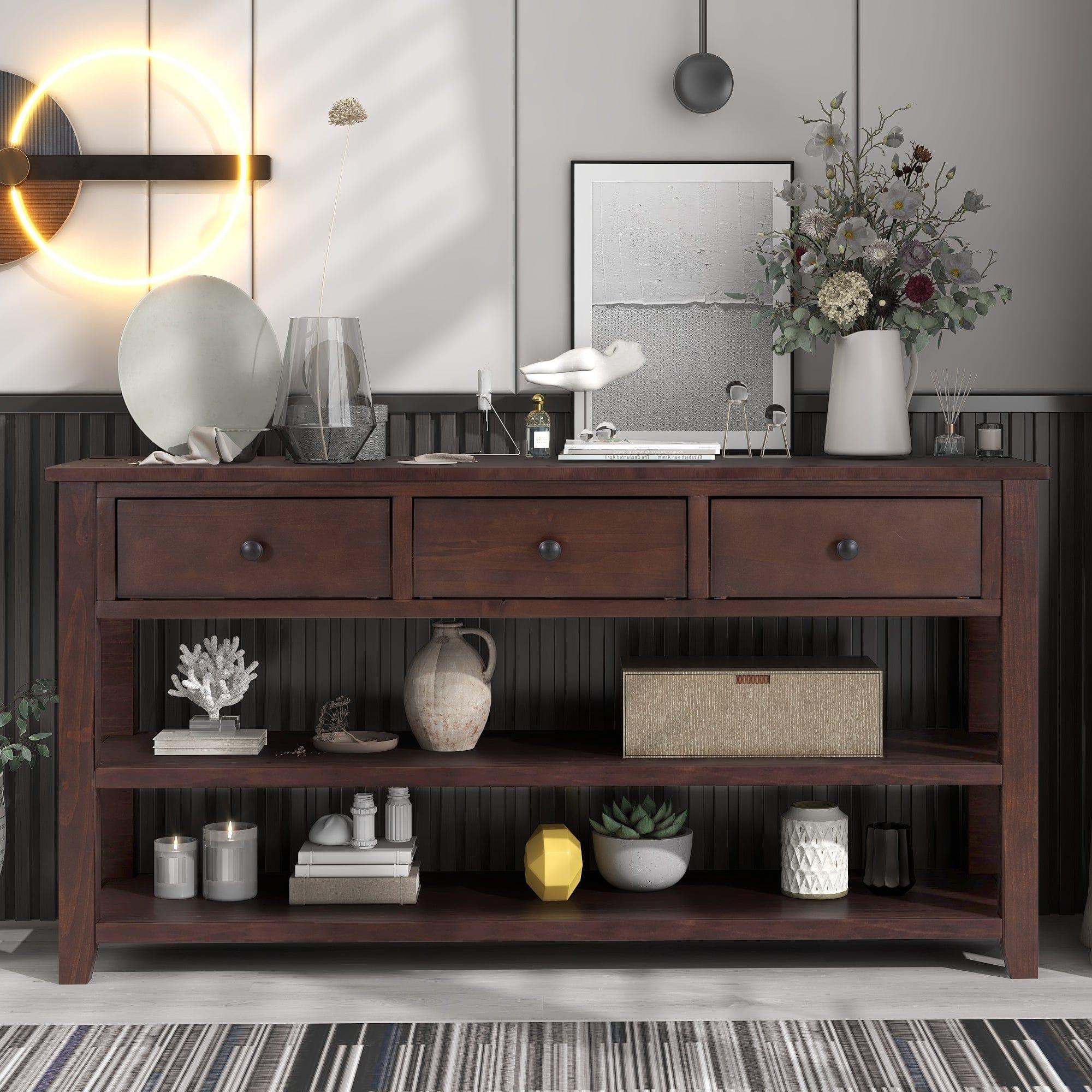 Shop TREXM TREXM Retro Design Console Table with Two Open Shelves, Pine Solid Wood Frame and Legs for Living Room (Espresso) Mademoiselle Home Decor