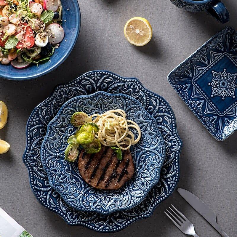 Shop 0 Blue Retro Ceramic Dinner Plate Relief High-end Western Plates Mug Dinnerware Steak Dish Salad Soup Noodles Rice Bowl Tableware Mademoiselle Home Decor