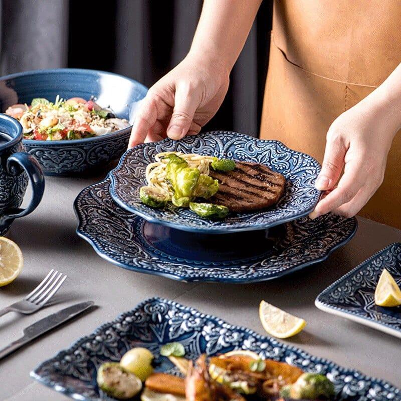 Shop 0 Blue Retro Ceramic Dinner Plate Relief High-end Western Plates Mug Dinnerware Steak Dish Salad Soup Noodles Rice Bowl Tableware Mademoiselle Home Decor