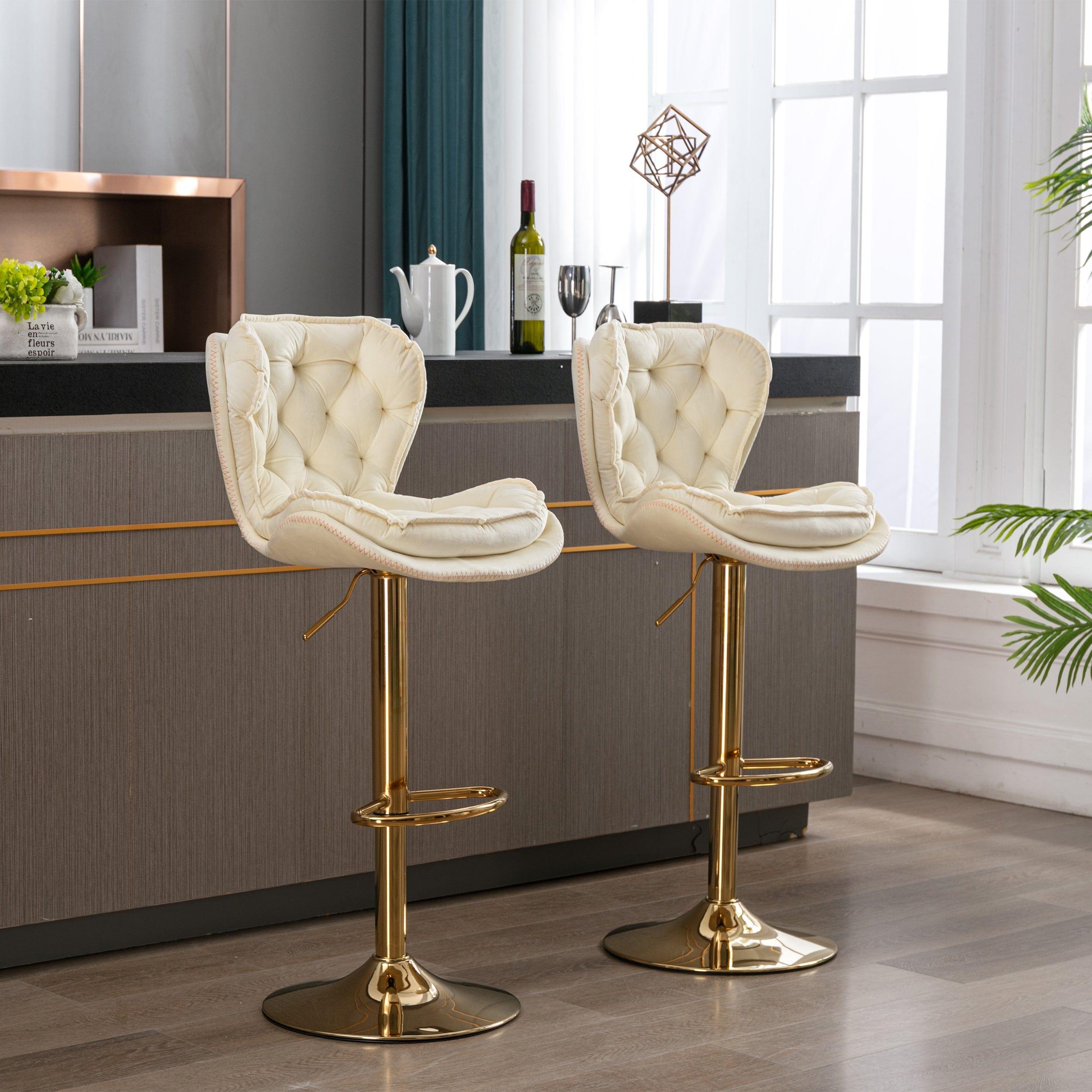 Shop Set of 2 Bar Stools,with Chrome Footrest and Base Swivel Height Adjustable Mechanical Lifting Velvet + Golden Leg Simple Bar Stool-cream Mademoiselle Home Decor