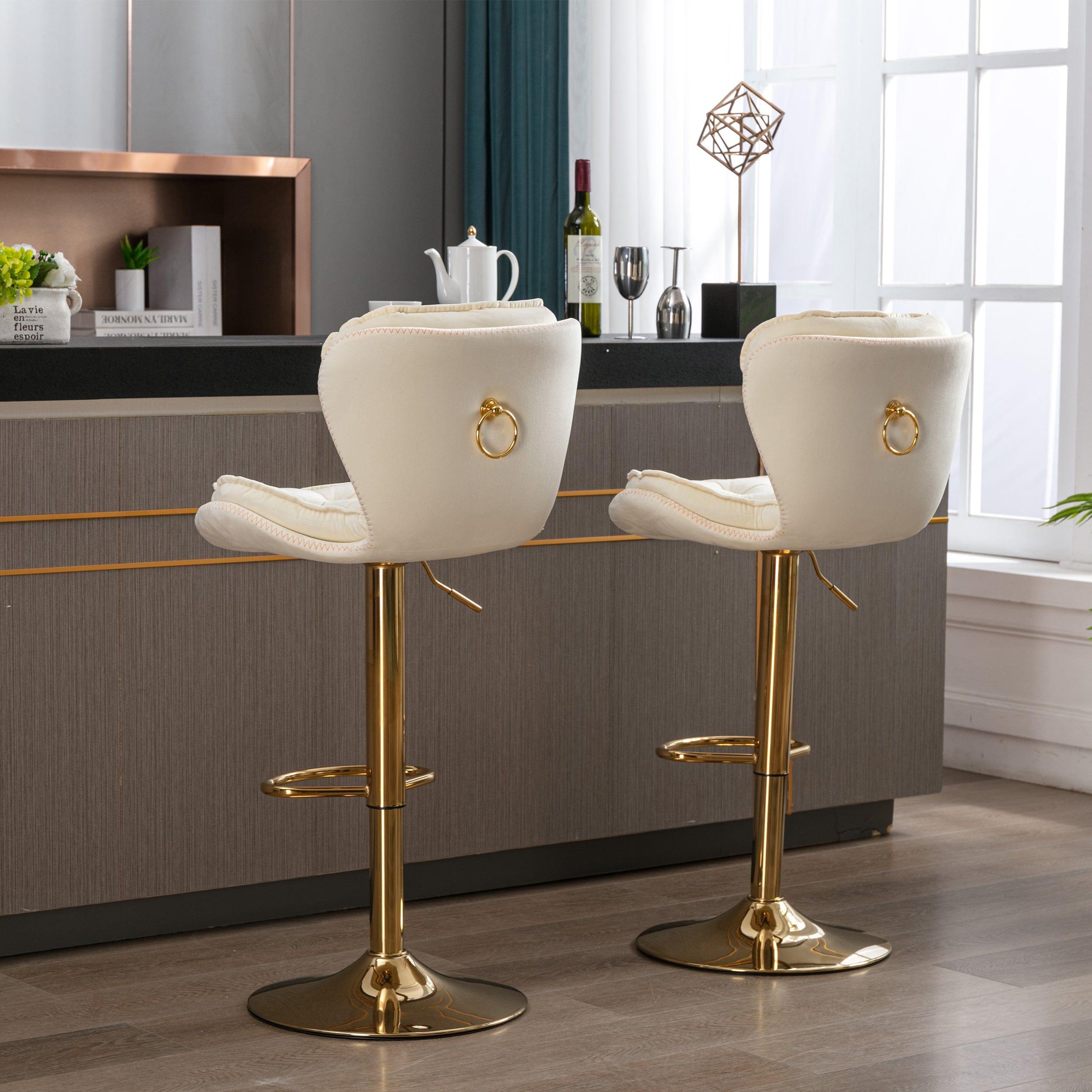 Shop Set of 2 Bar Stools,with Chrome Footrest and Base Swivel Height Adjustable Mechanical Lifting Velvet + Golden Leg Simple Bar Stool-cream Mademoiselle Home Decor