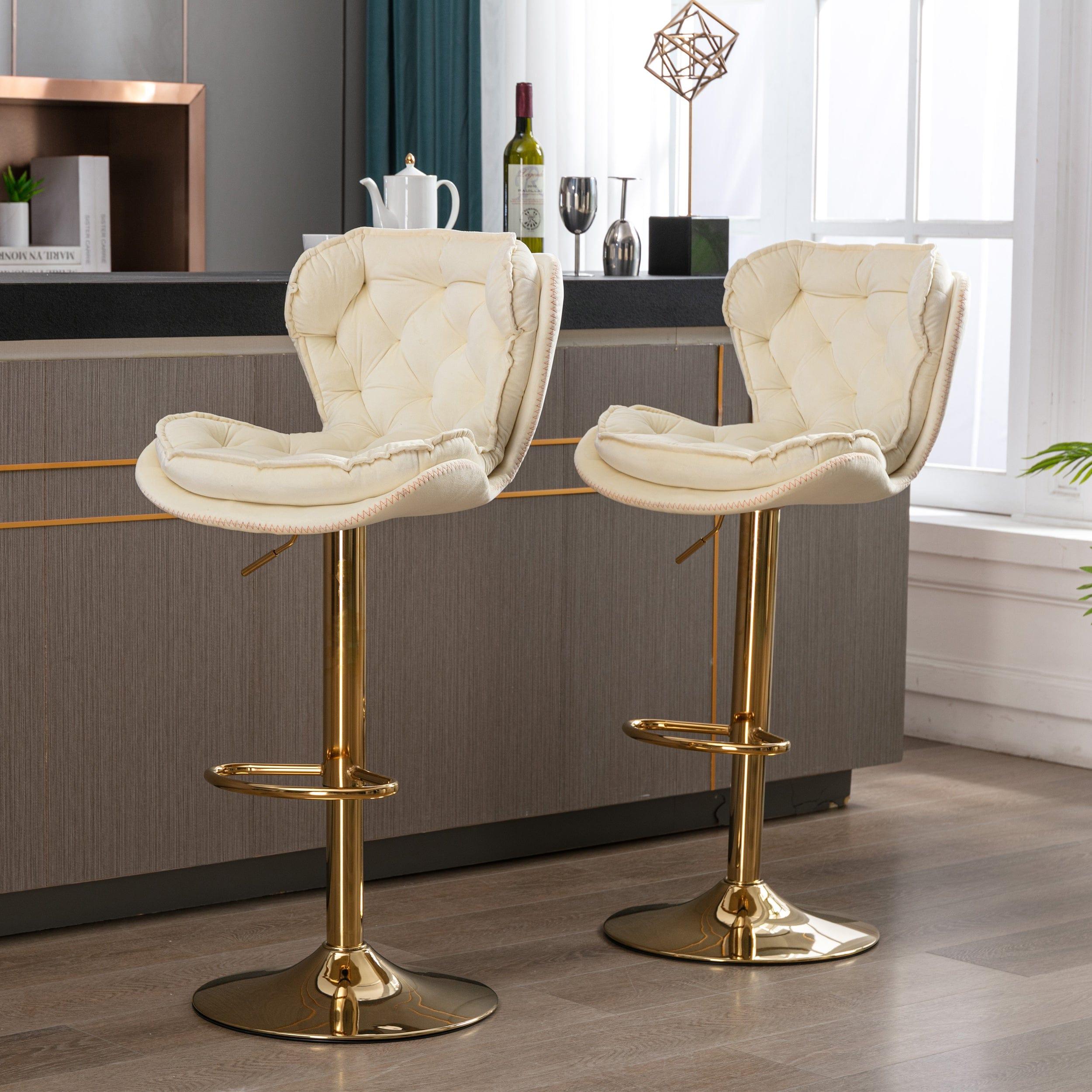 Shop Set of 2 Bar Stools,with Chrome Footrest and Base Swivel Height Adjustable Mechanical Lifting Velvet + Golden Leg Simple Bar Stool-cream Mademoiselle Home Decor