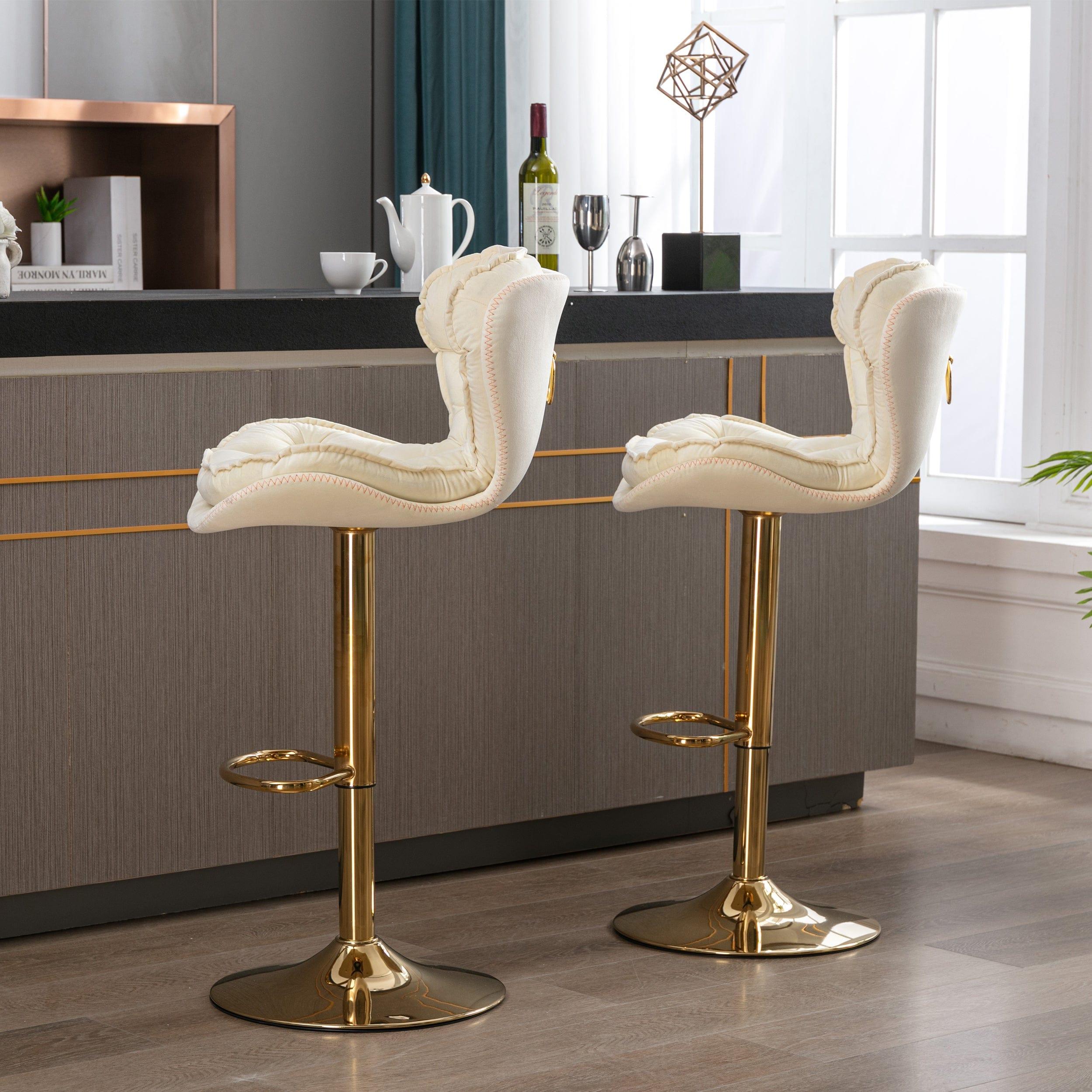 Shop Set of 2 Bar Stools,with Chrome Footrest and Base Swivel Height Adjustable Mechanical Lifting Velvet + Golden Leg Simple Bar Stool-cream Mademoiselle Home Decor