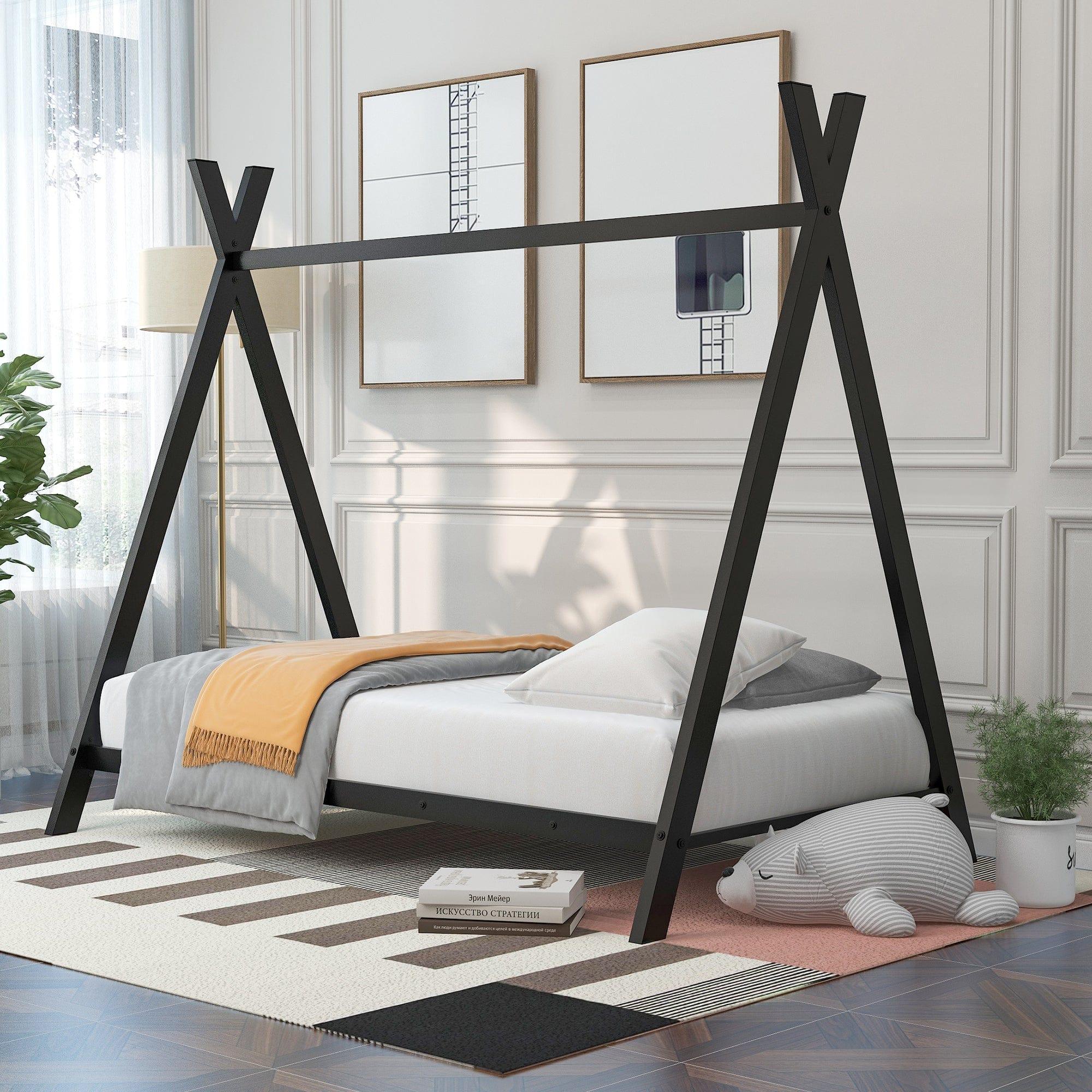 Shop House Bed Tent Bed Frame Twin Size Metal Floor Play House Bed with Slat for Kids Girls Boys , No Box Spring Needed Black Mademoiselle Home Decor