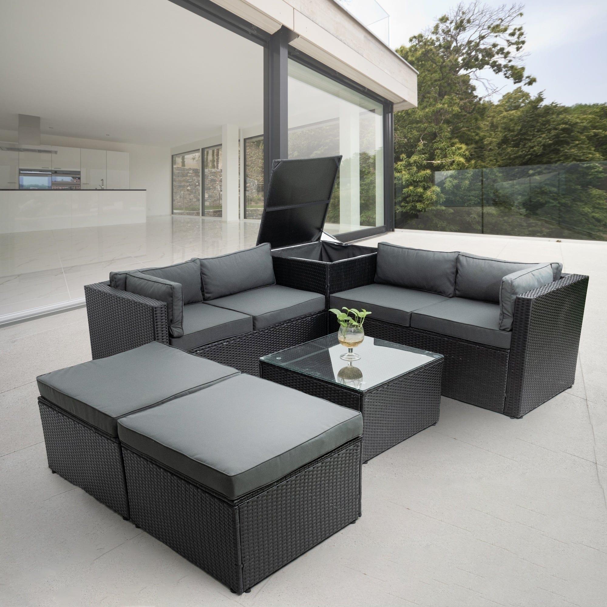 Shop 6 Piece Patio Rattan Wicker Outdoor Furniture Conversation Sofa Set with Storage Box Removeable Cushions and Temper glass TableTop Mademoiselle Home Decor