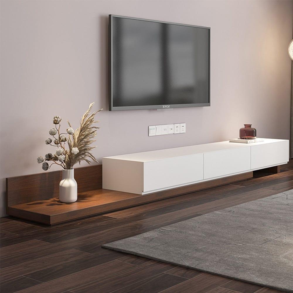 Shop Modern Wood White TV Stand, Retractable Wooden Media Console for up to 85 Inch TV, 3 Drawers, Soild Wood, Full-assemble, 78"-140" Mademoiselle Home Decor