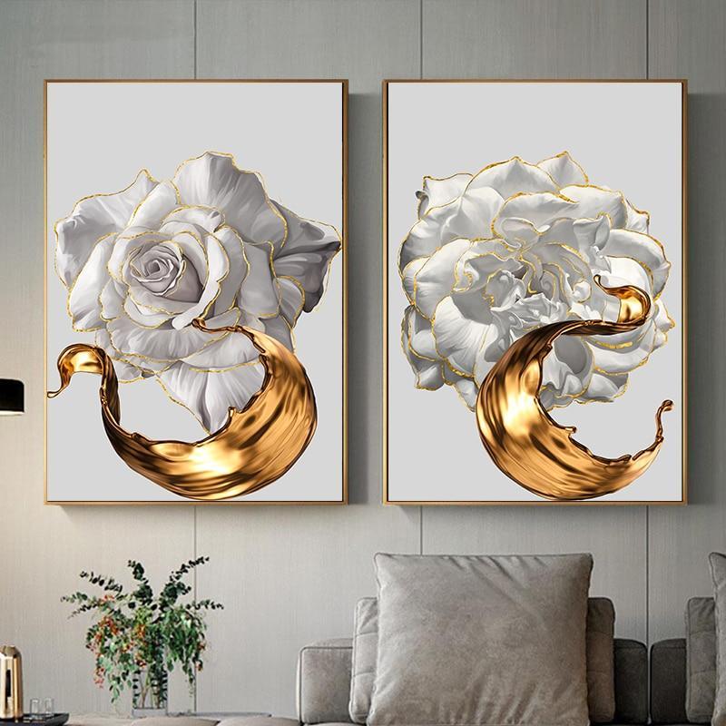 Shop 0 White Rose Flower Golden Ink Splash Abstract Poster Nordic Art Plant Canvas Painting Modern Wall Picture for Living Room Decor Mademoiselle Home Decor