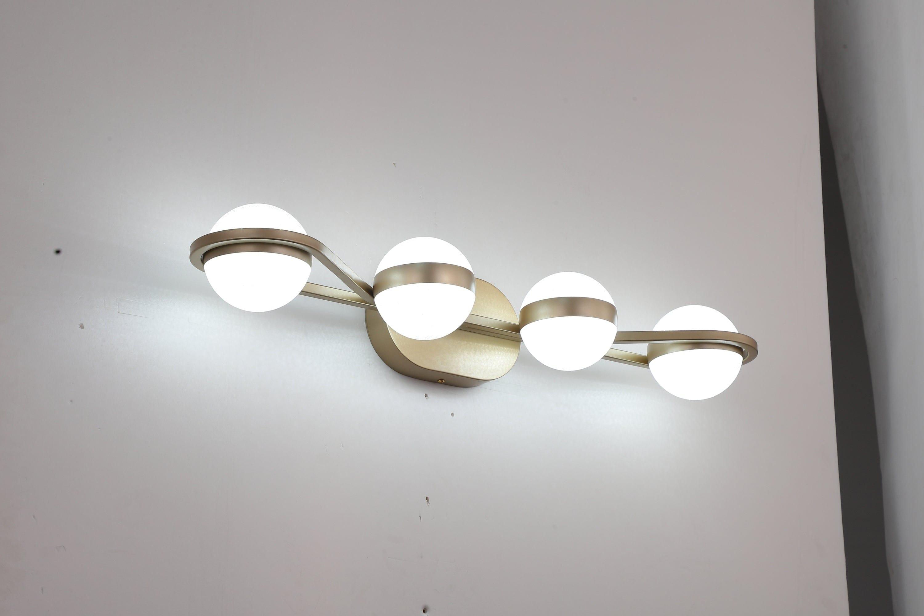 Shop LED Bathroom Vanity Lights Fixtures, 4-Lights Brushed Brass Globe Glass Shade Over Mirror Mademoiselle Home Decor