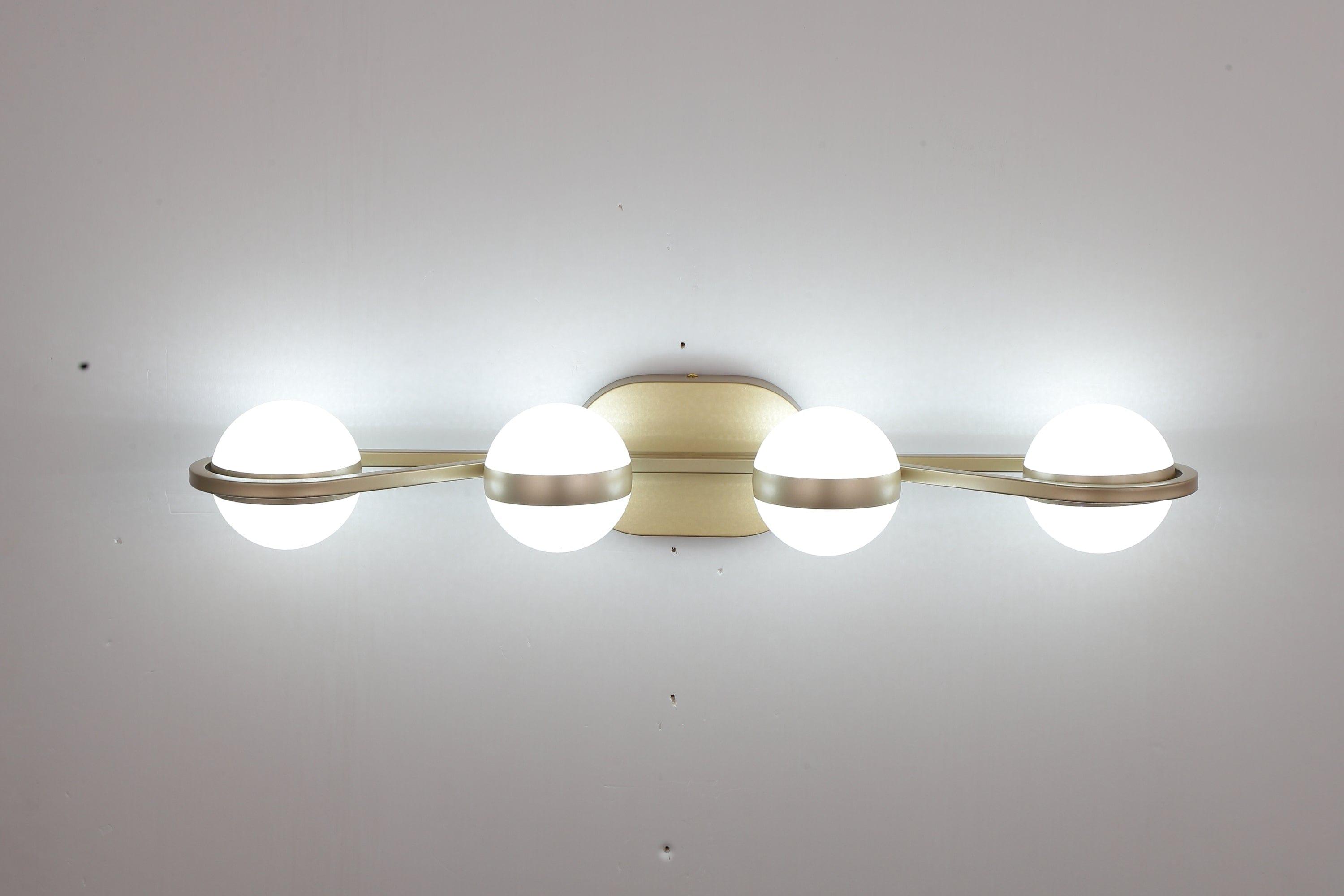 Shop LED Bathroom Vanity Lights Fixtures, 4-Lights Brushed Brass Globe Glass Shade Over Mirror Mademoiselle Home Decor