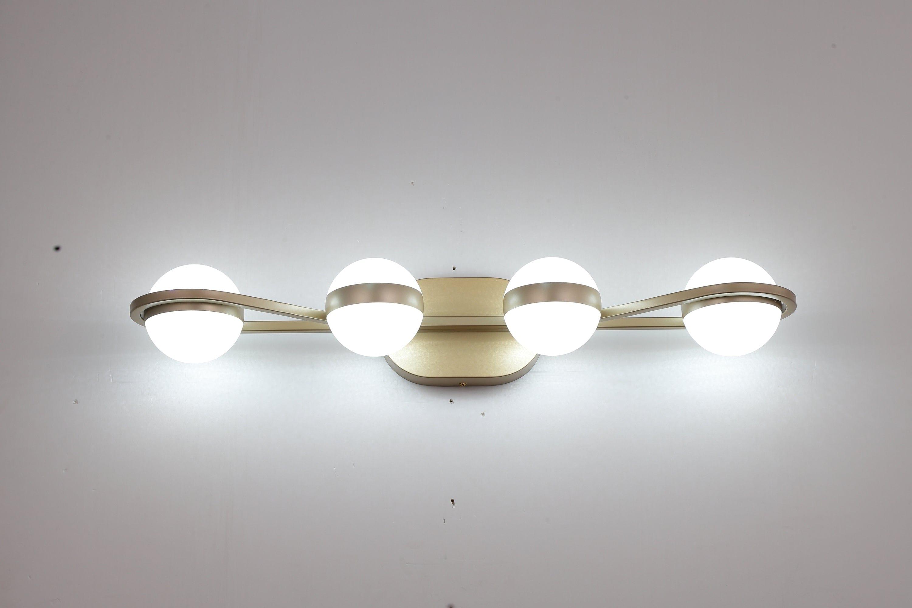 Shop LED Bathroom Vanity Lights Fixtures, 4-Lights Brushed Brass Globe Glass Shade Over Mirror Mademoiselle Home Decor