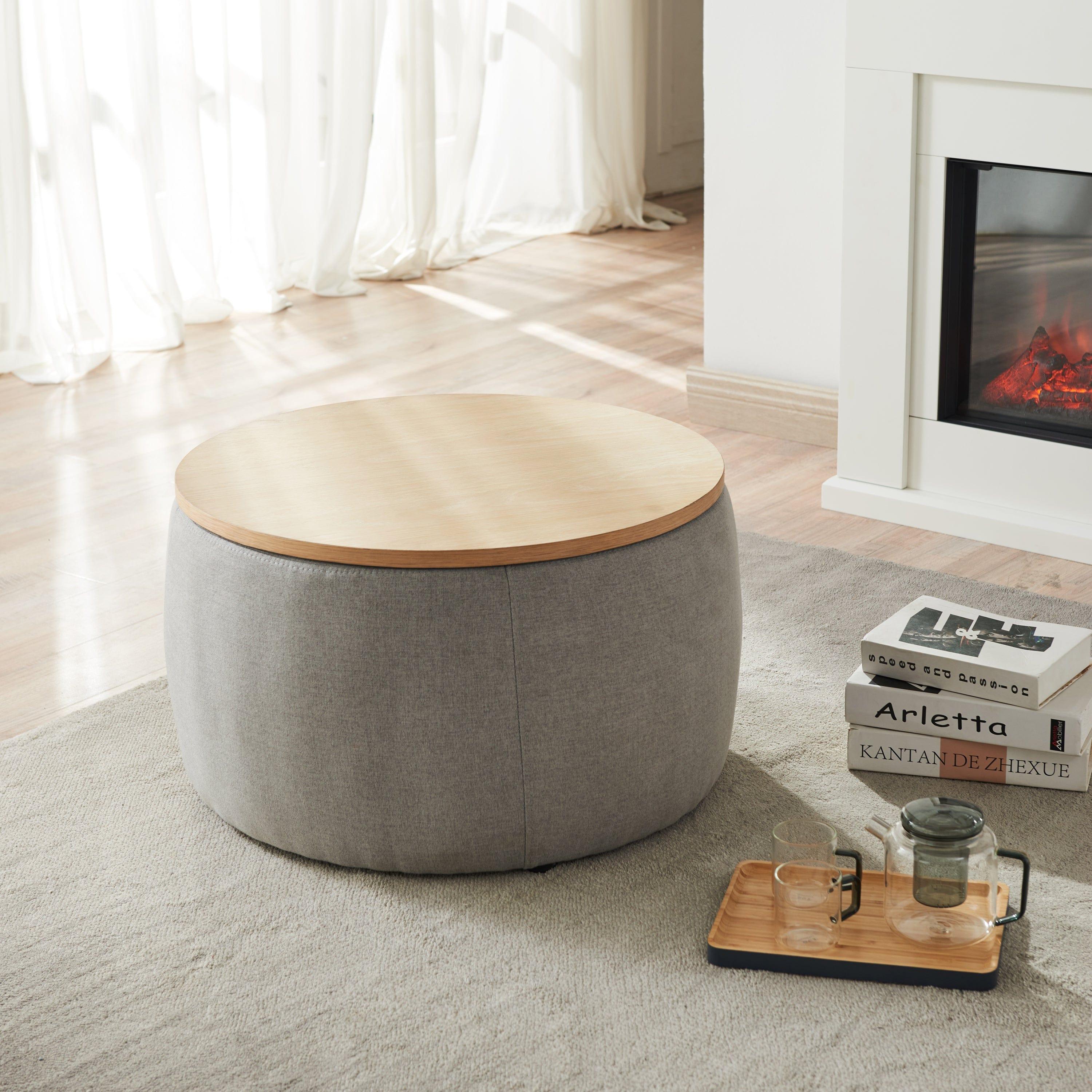 Shop Round Storage Ottoman, 2 in 1 Function, Work as End table and Ottoman, Grey (25.5"x25.5"x14.5") Mademoiselle Home Decor