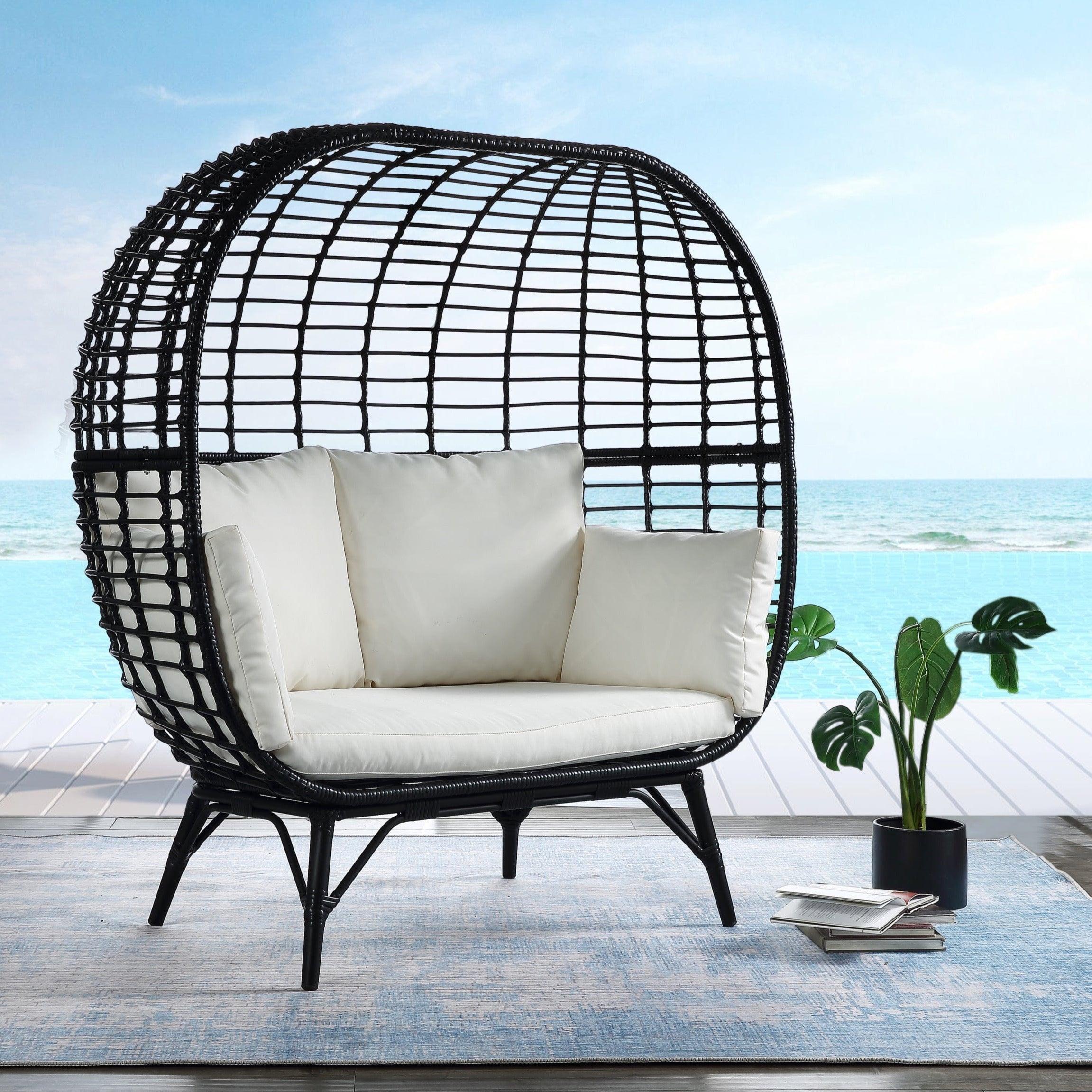 Shop ACME Penelope Patio Lounge Chair, Cream Fabric & Black Finish OT01099 Mademoiselle Home Decor