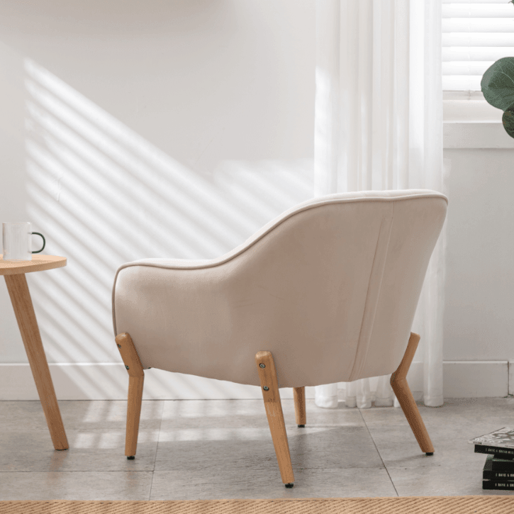 Shop Mid-century modern transitional armchair in velvet fabric upholstered and natural wood finish, reading chair,Beige Mademoiselle Home Decor