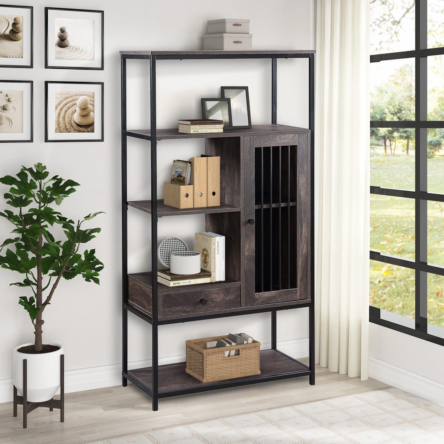 Shop Home Office Bookcase and Bookshelf 5 Tier Display Shelf with Doors and Drawers, Freestanding Multi-functional Decorative Storage Shelving, Vintage Brown Industrial Style (Brown) Mademoiselle Home Decor