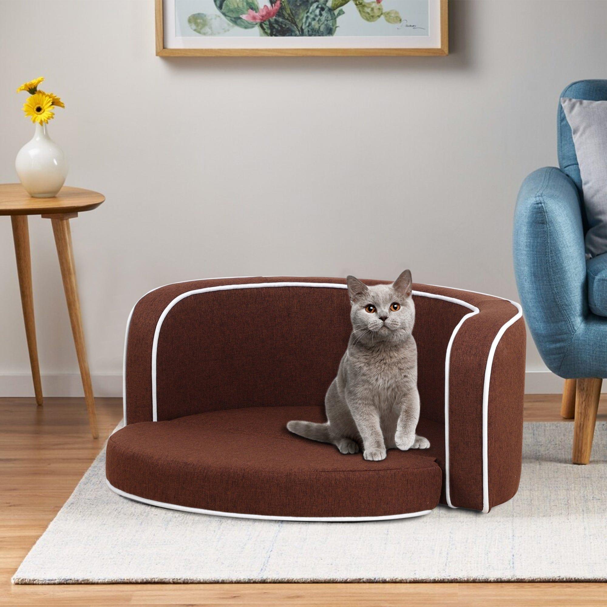 Shop 30" Brown Round Pet Sofa, Dog sofa, Dog bed, Cat Bed, Cat Sofa, with Wooden Structure and Linen Goods White Roller Lines on the Edges Curved Appearance pet Sofa with Cushion Mademoiselle Home Decor