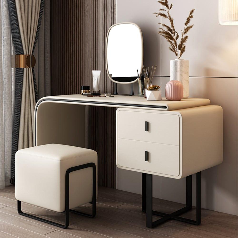 Shop Modern Extendable Makeup Vanity Table with PU Leather, 2 Solid Wood Drawers, Side Cabinet, HD Mirror & Upholstered Stool Included, Mademoiselle Home Decor