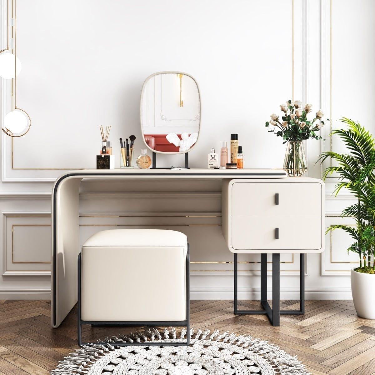 Shop Modern Extendable Makeup Vanity Table with PU Leather, 2 Solid Wood Drawers, Side Cabinet, HD Mirror & Upholstered Stool Included, Mademoiselle Home Decor