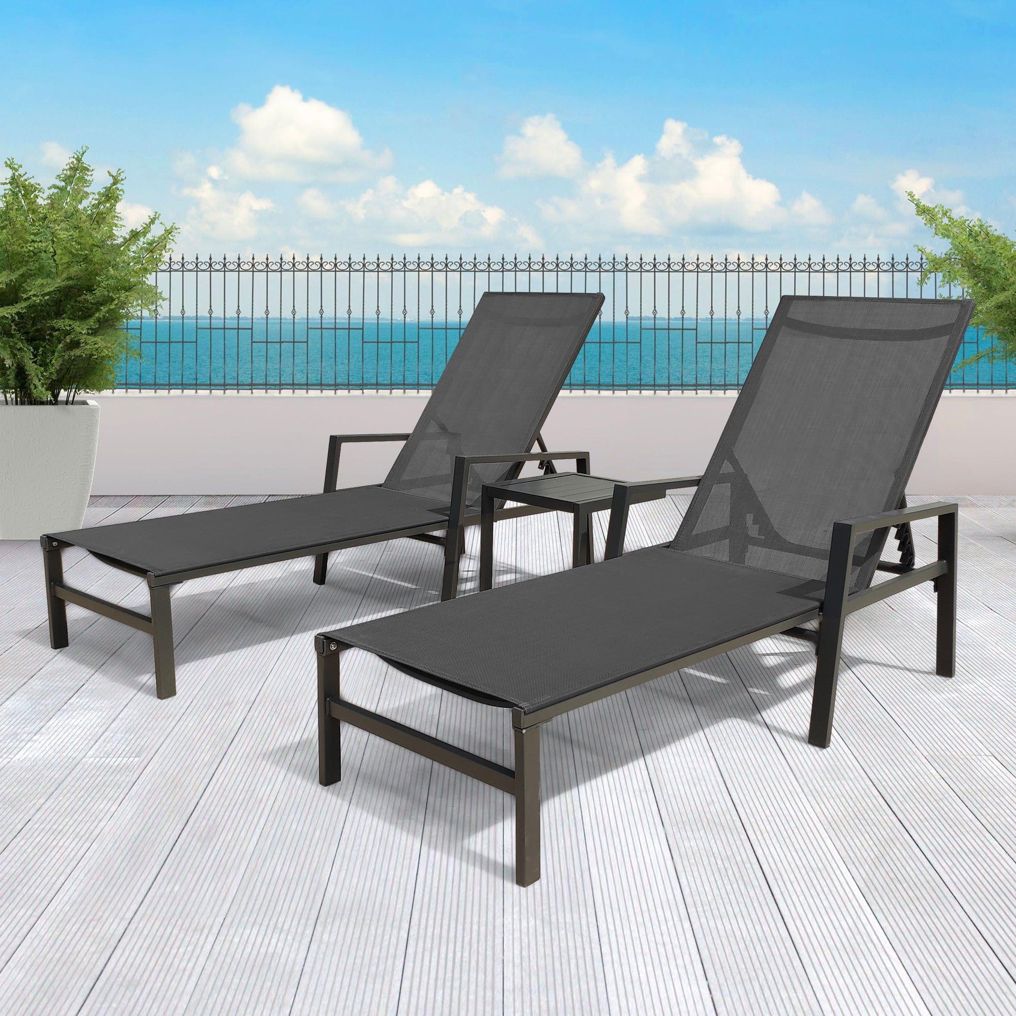 Shop Outdoor 3-Pcs Set Chaise Lounge Chairs With Table,Five-Position Adjustable Aluminum Recliners Set,All Weather For Patio,Beach,Yard, Pool(Grey Frame/Dark Gray Fabric) Mademoiselle Home Decor