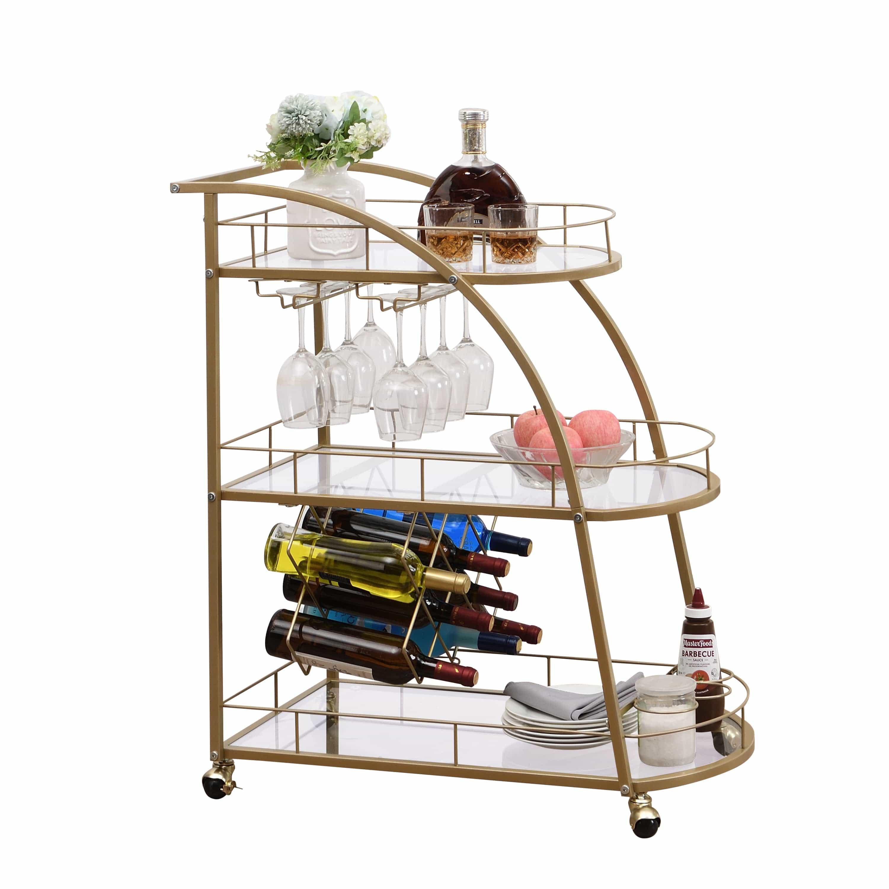 Shop Golden Mobile Bar Cart Serving Wine Cart with Wheels, 3-tier Metal Frame Elegant Wine Rack for Kitchen, Party, Dining Room and Living Room Mademoiselle Home Decor